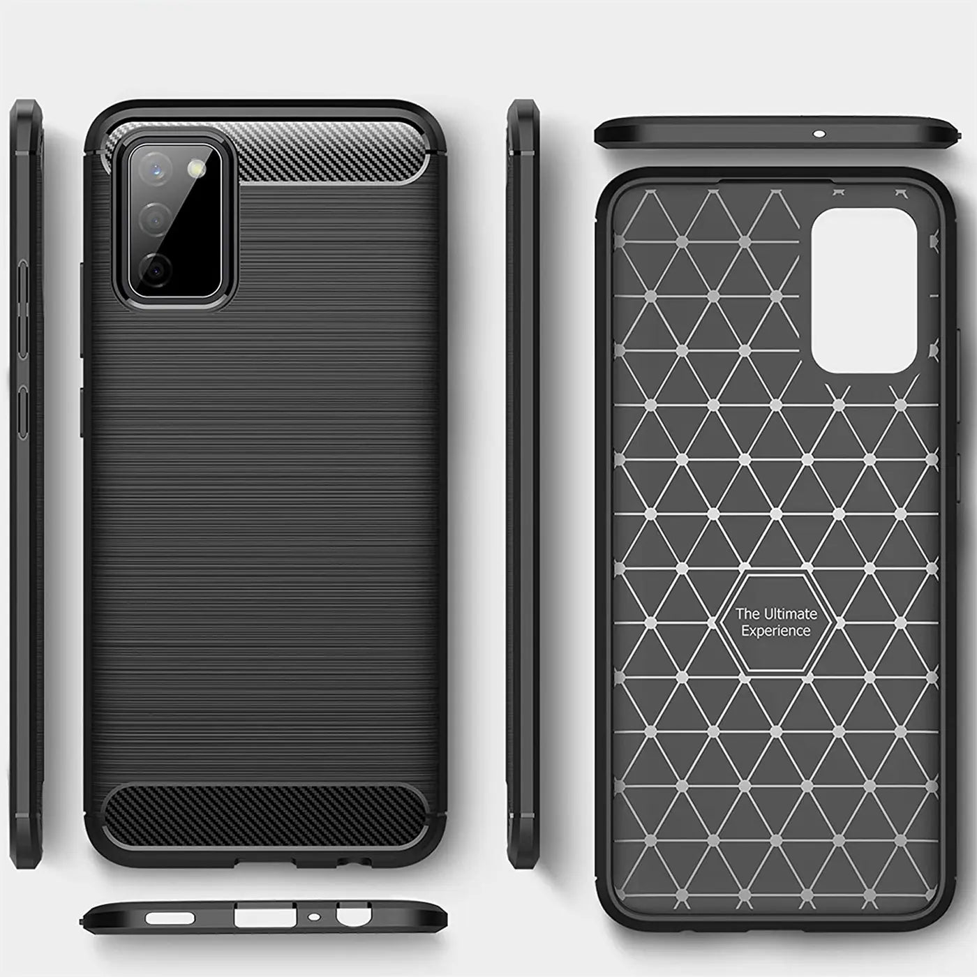 Schwarze Carbon-Hülle für Samsung Galaxy A02S, von vorne und innen gezeigt.