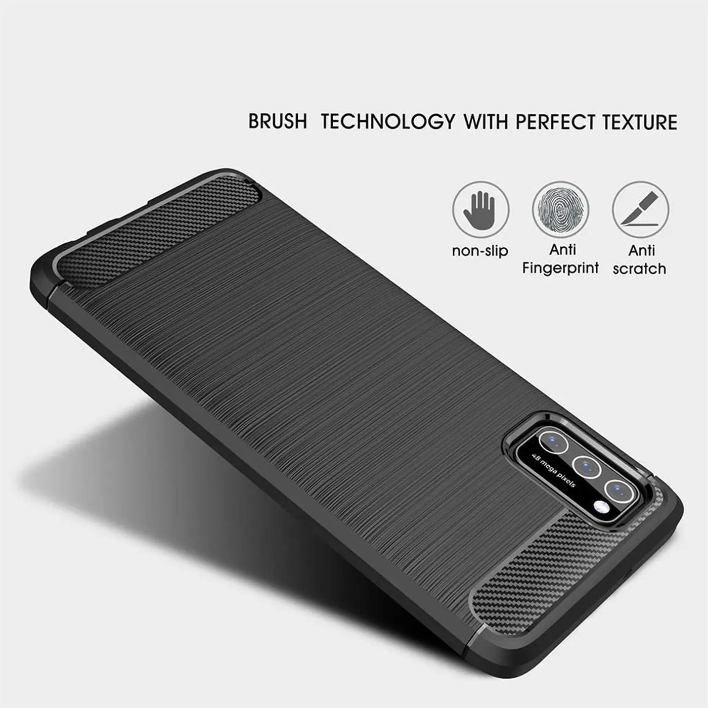 Schwarze Carbon-Hülle für Samsung Galaxy A02S, von schräg oben fotografiert.