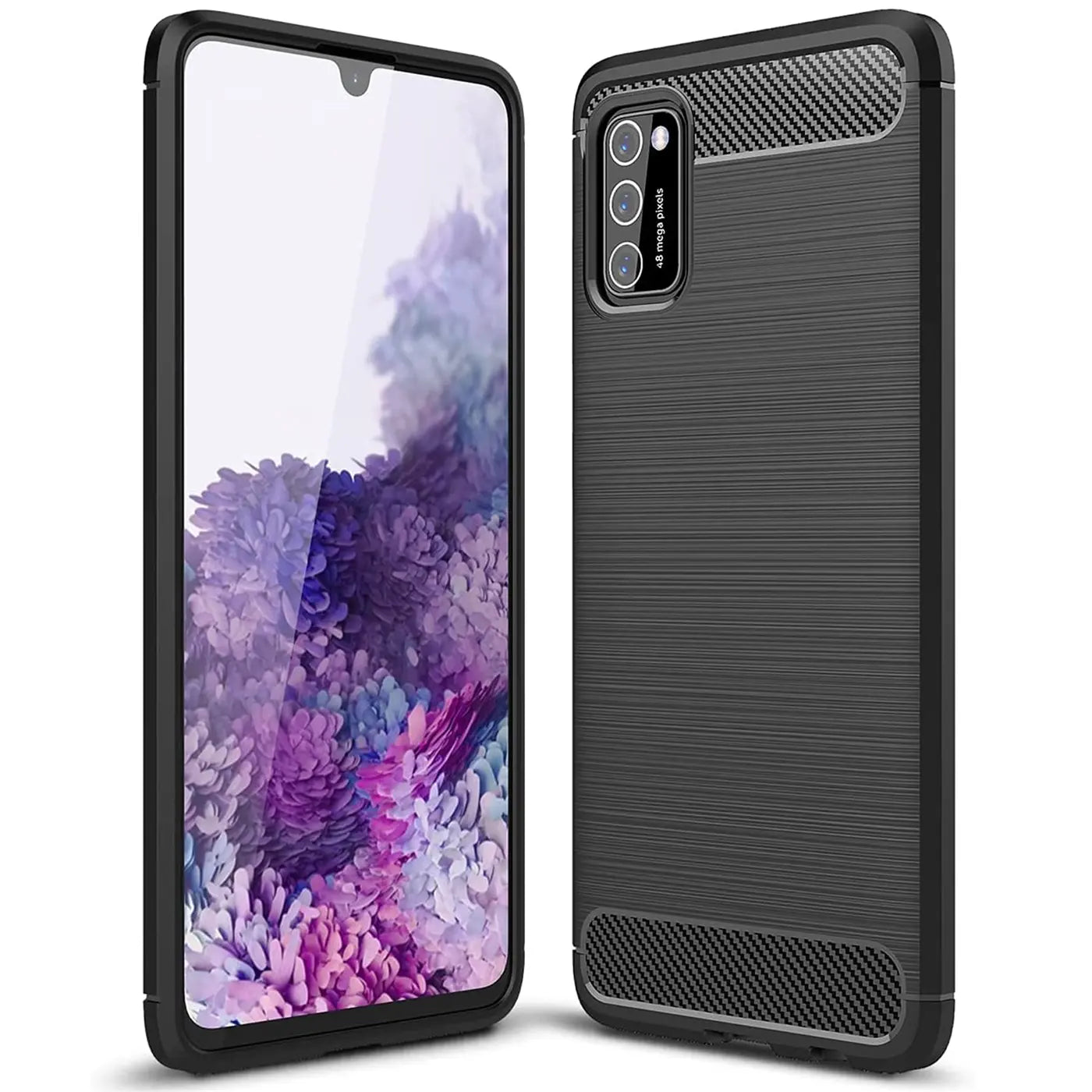 Schwarze Carbon-Hülle, Vorder- und Rückansicht, für Samsung Galaxy A03s.