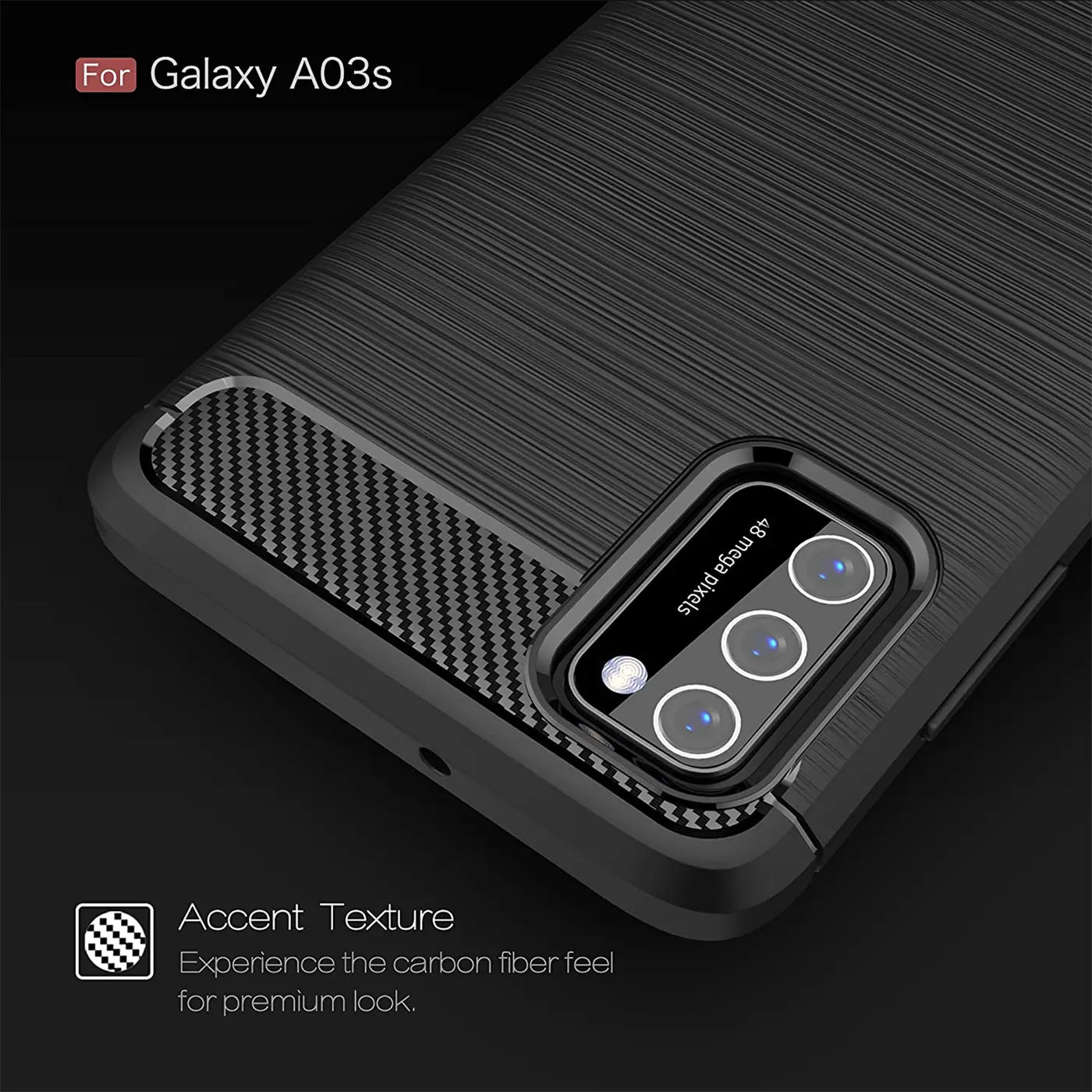 Schwarze Carbon-Hülle für Samsung Galaxy A03s, Nahaufnahme der Rückseite mit Kamera.