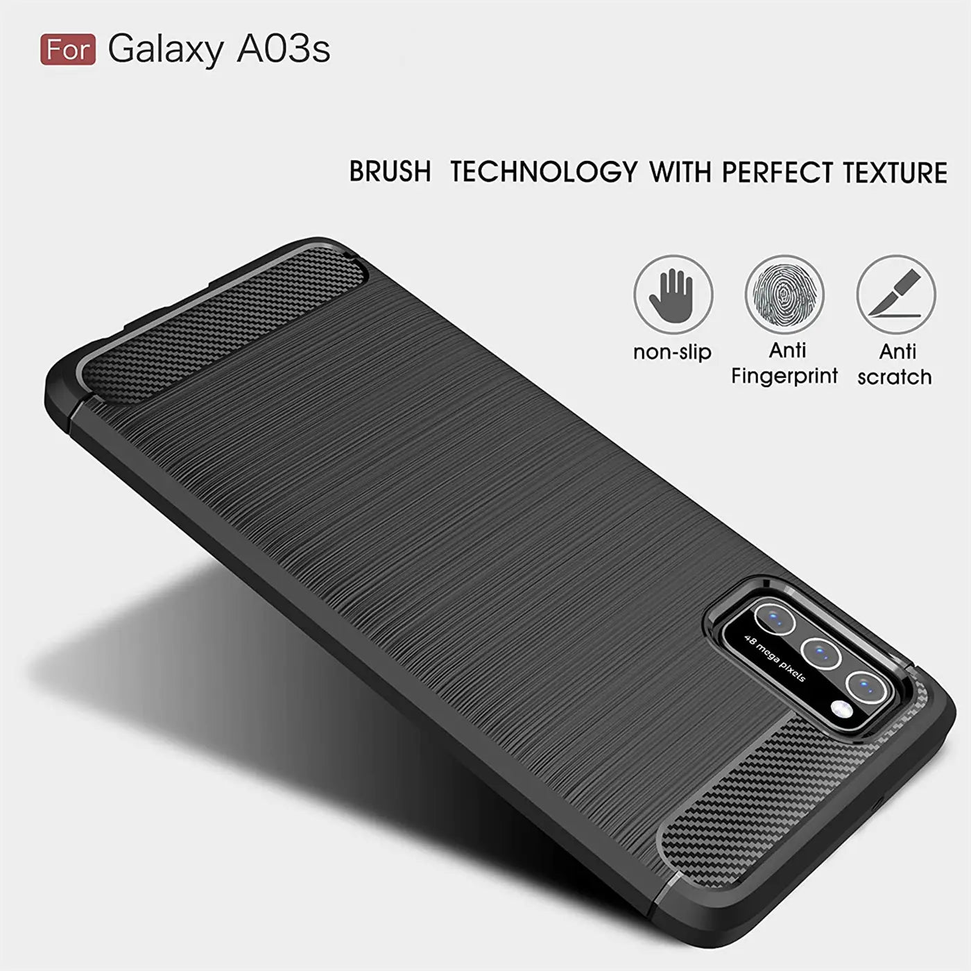 Schwarze Carbon-Hülle für Samsung Galaxy A03s, von oben links, stoßfest.