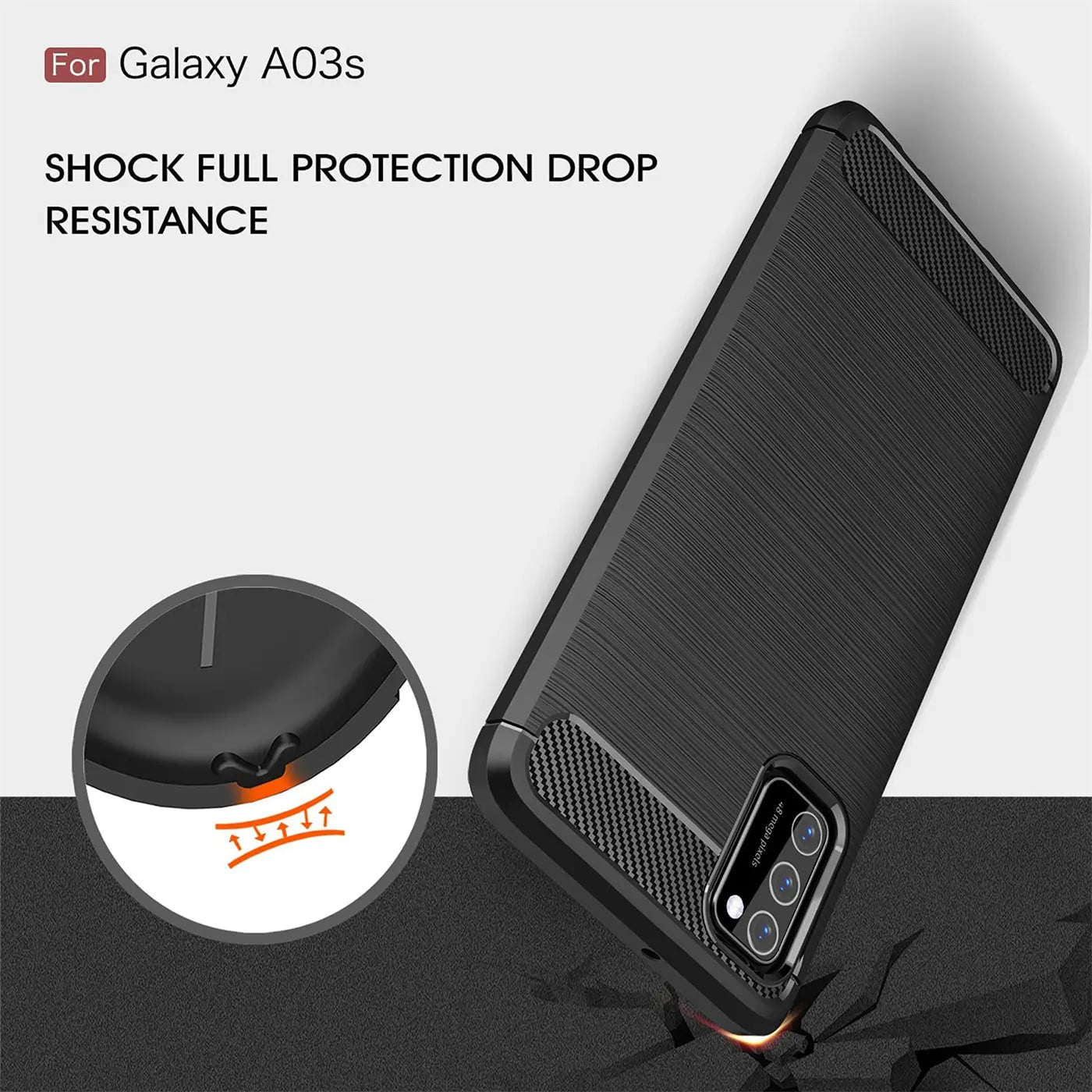 Schwarze Carbon-Hülle für Samsung Galaxy A03s, von schräg oben, stoßfest.