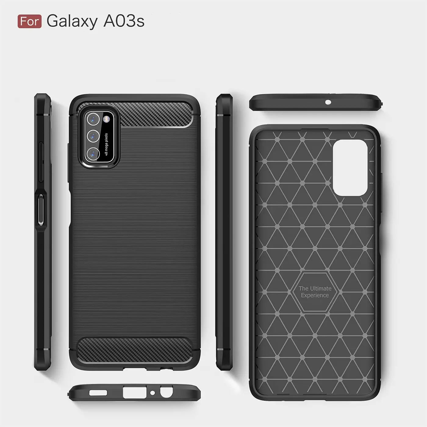 Schwarze Carbon-Hülle für Samsung Galaxy A03s, von vorne, Seite, Rückseite, Oberseite, Unterseite