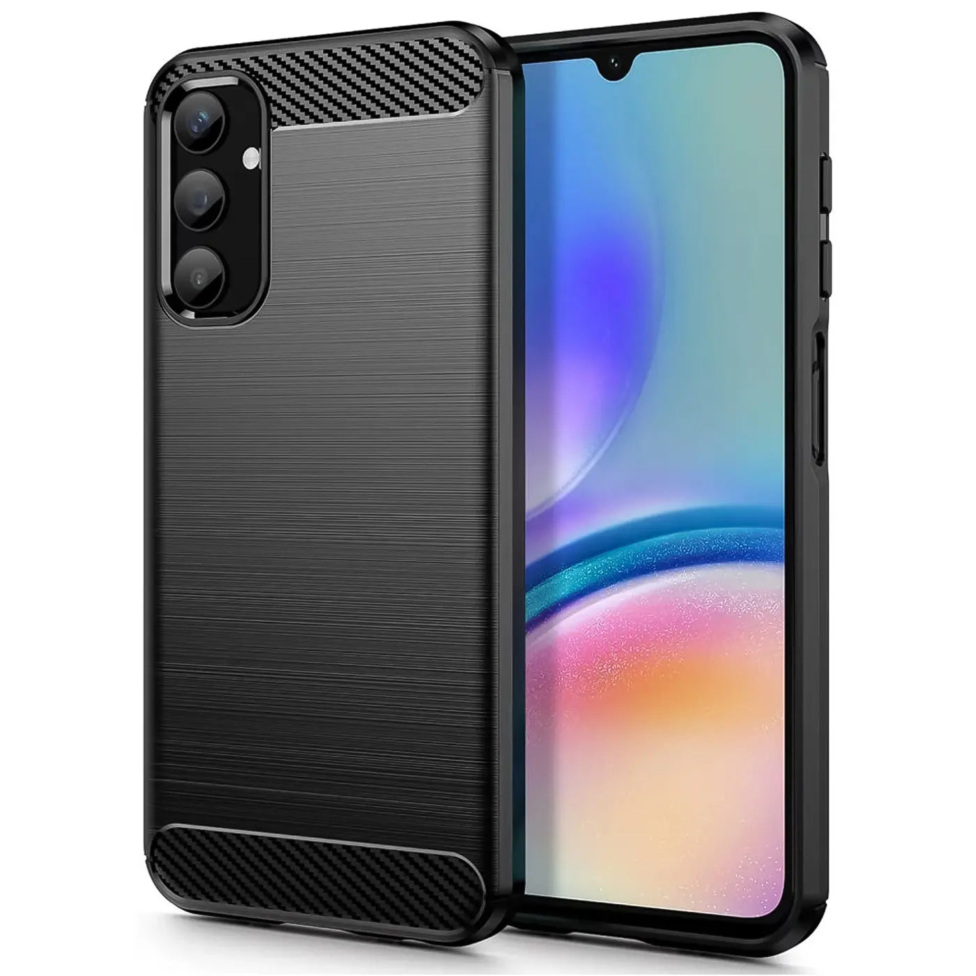 Schwarze Carbon-Hülle mit gebürsteter Textur, seitliche Ansicht, zeigt Samsung Galaxy A05s.