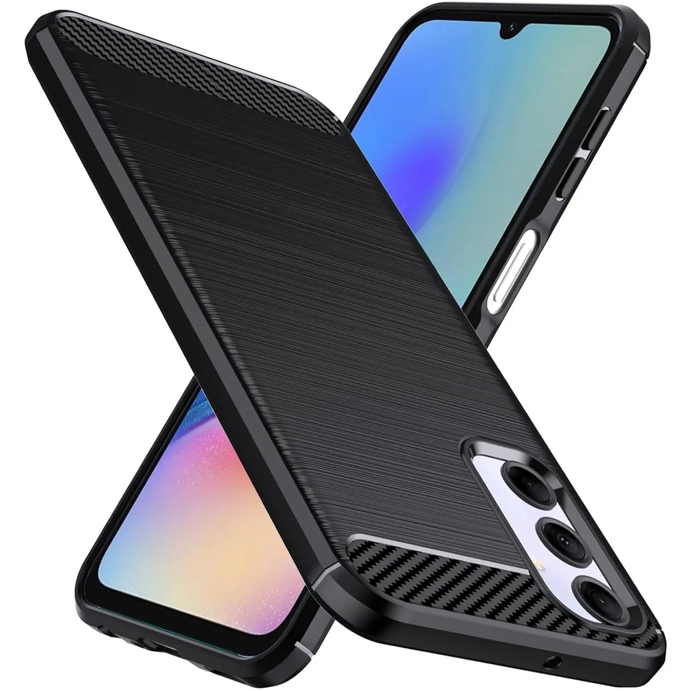 Schwarze Carbon-Hülle, schräg von vorne, zeigt Samsung Galaxy A05s.