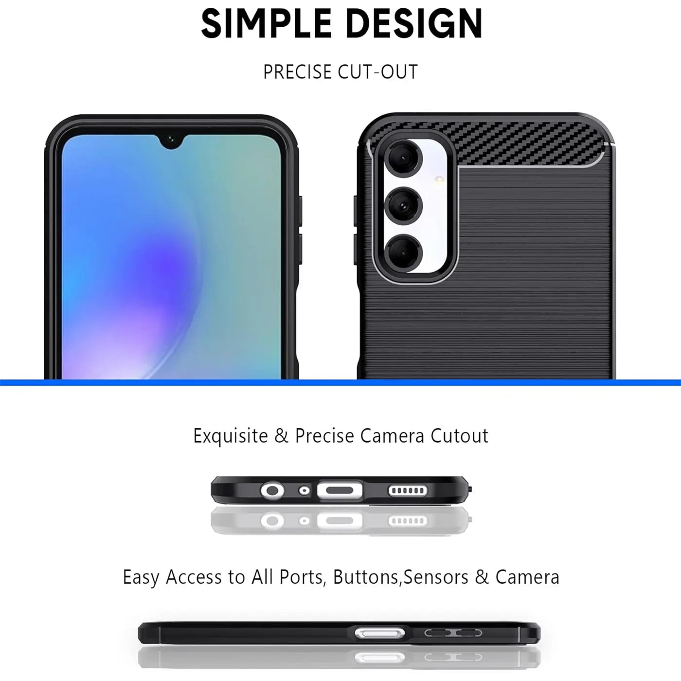 Schwarze Carbon-Hülle für Samsung Galaxy A05s, Rückansicht mit Kamera, Unterseite mit Anschlüssen.