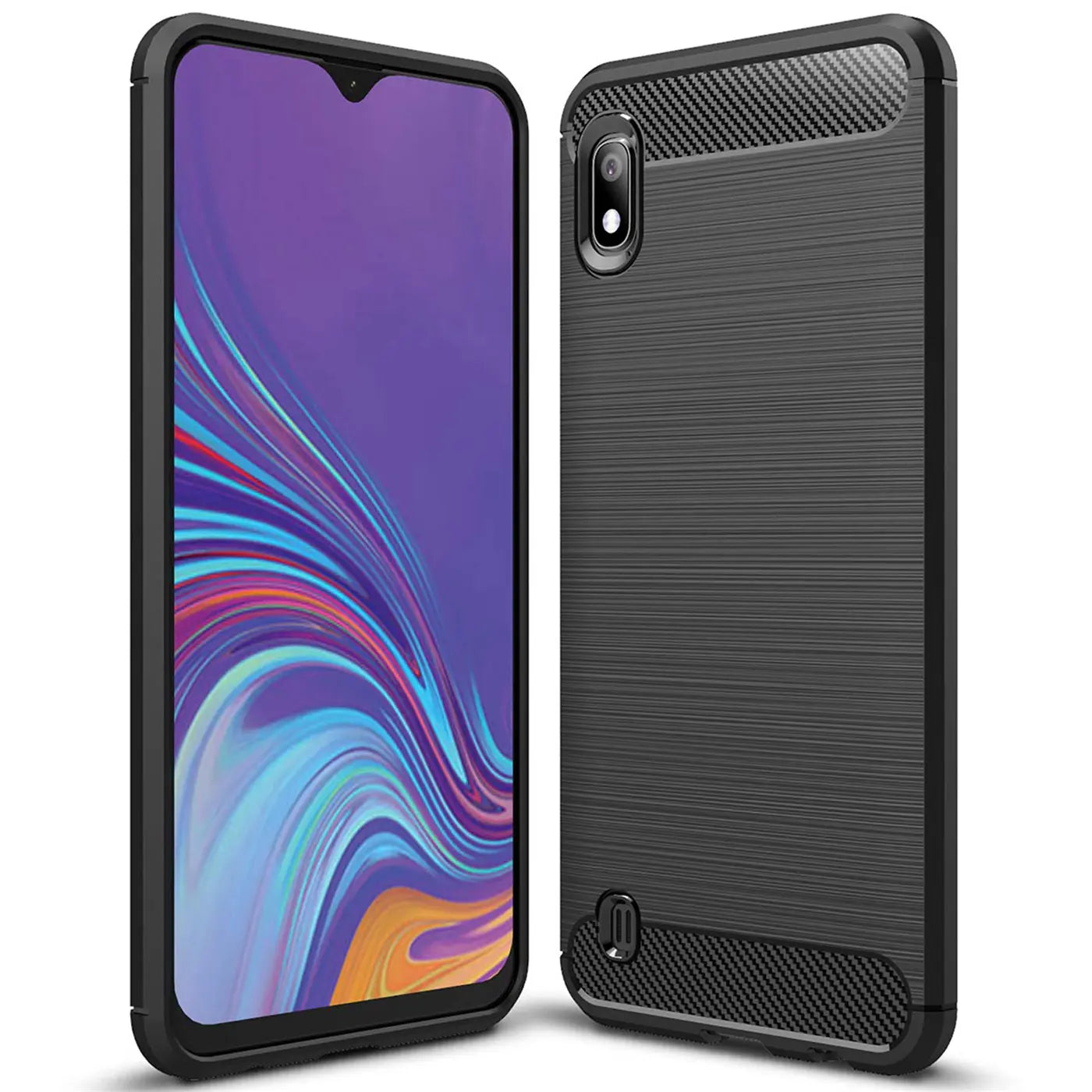Schwarze Carbon-Hülle, von vorne und hinten, für Samsung Galaxy A10.