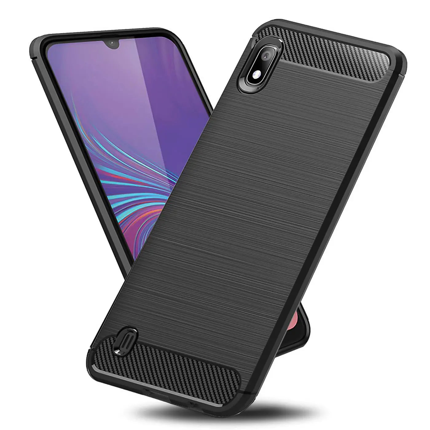 Schwarze Carbon-Hülle mit gebürsteter Textur für Samsung Galaxy A10, von vorne schräg gezeigt.