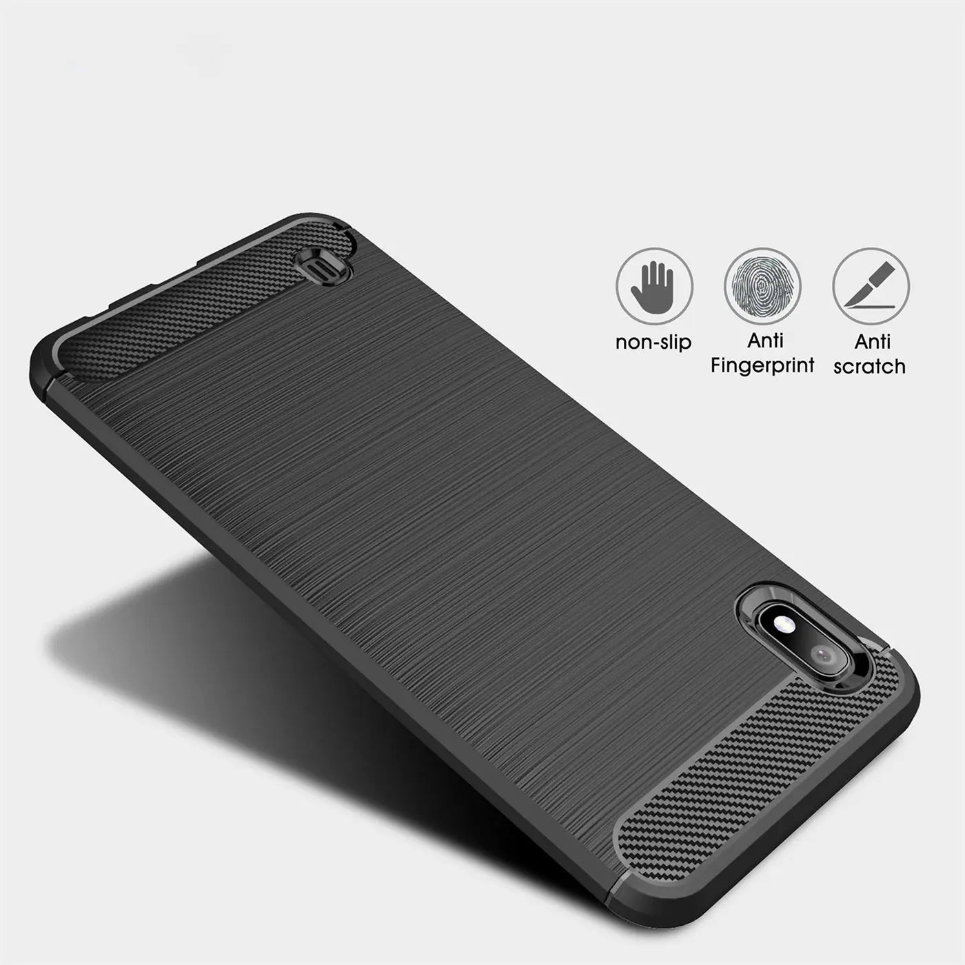 Dunkelgraue Carbon-Hülle für Samsung Galaxy A10, von oben schräg fotografiert.