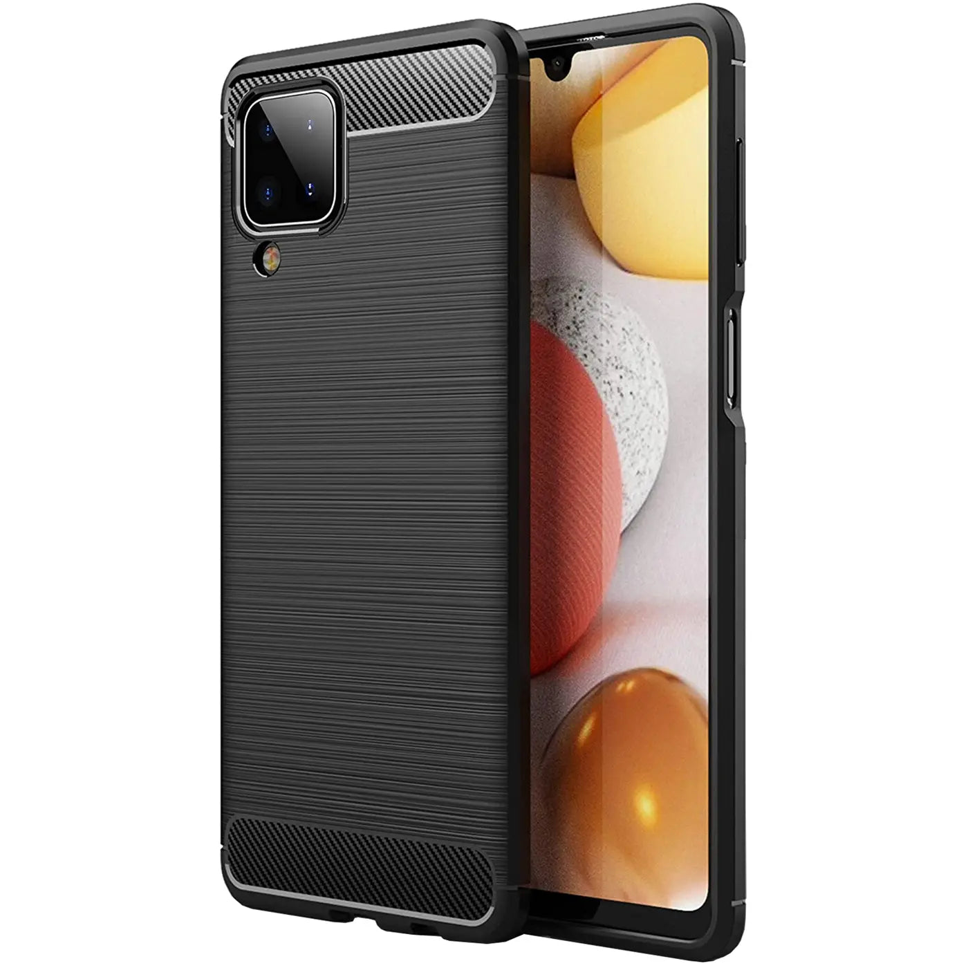 Schwarze Carbon-Hülle, von schräg vorne, für Samsung Galaxy A12/M12.