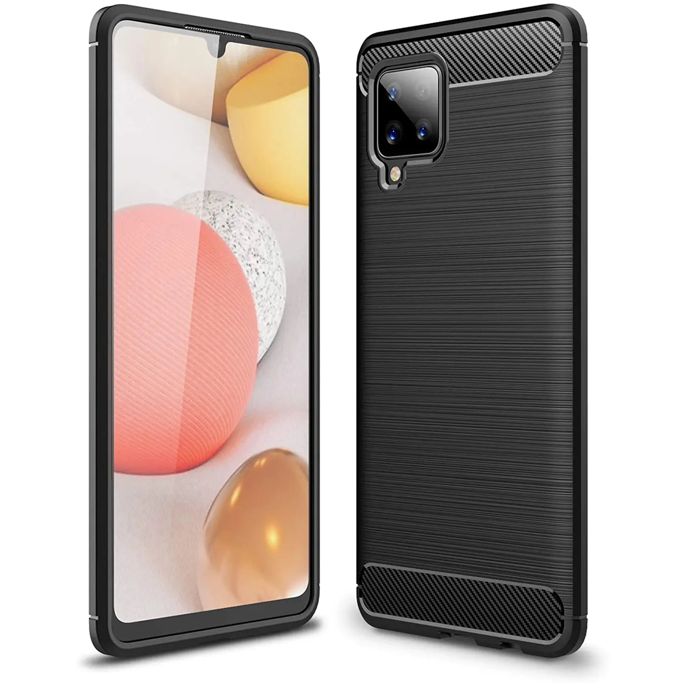 Schwarze Carbon-Hülle, Rückansicht und Vorderansicht, für Samsung Galaxy A12/M12.
