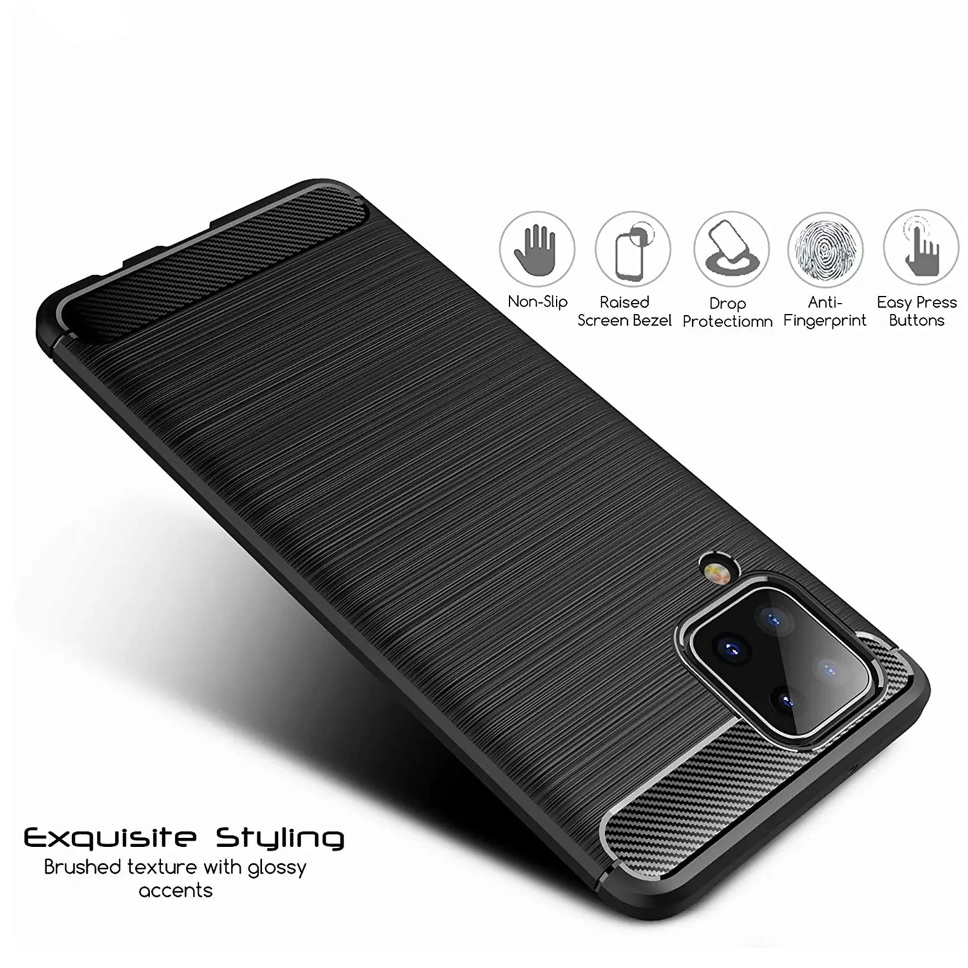 Schwarze Carbon-Hülle mit gebürsteter Textur, schräg von oben auf einem Samsung Galaxy A12 / M12