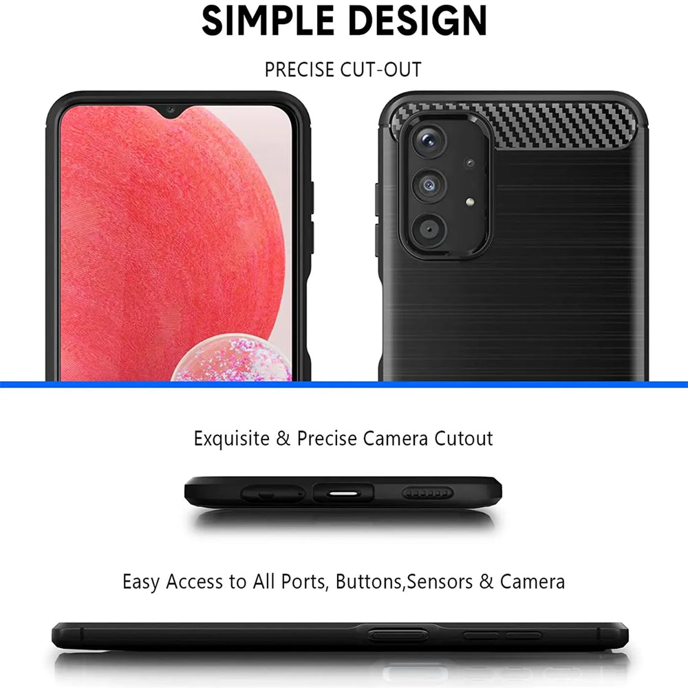 Schwarze Carbon-Hülle für Samsung Galaxy A13 4G, Rückansicht und Vorderansicht.