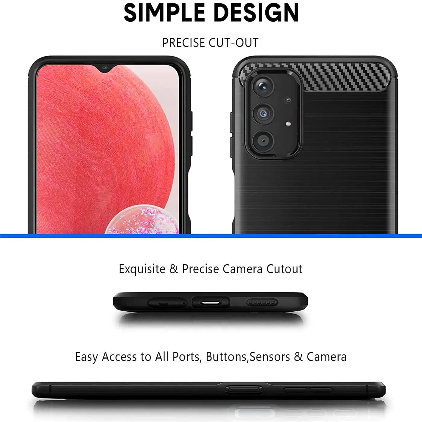 Schwarze Carbon-Hülle für Samsung Galaxy A13 4G, Rückansicht und Vorderansicht.