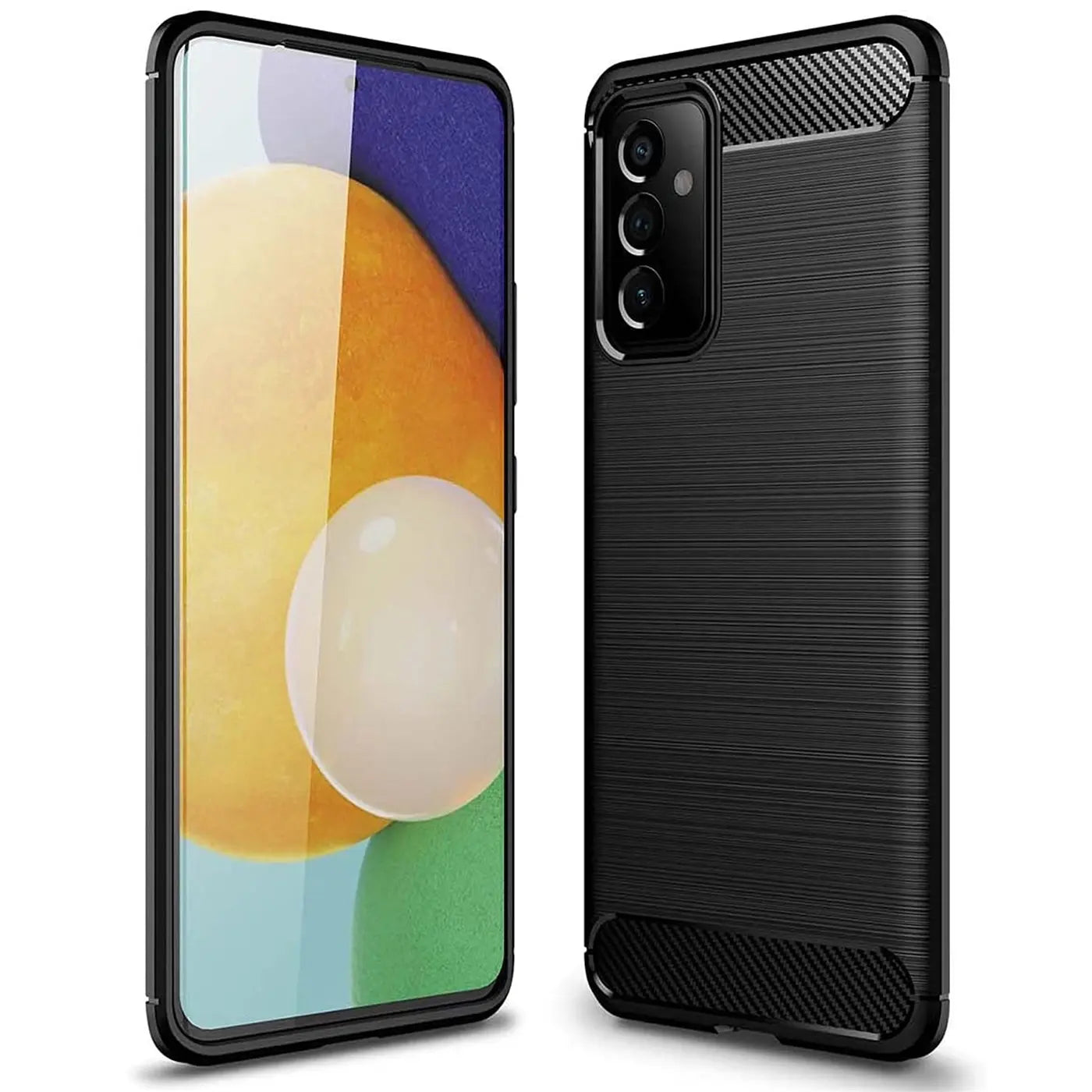 Schwarze Carbon-Hülle, Vorder- und Rückansicht, zeigt ein Smartphone mit drei Kameras.