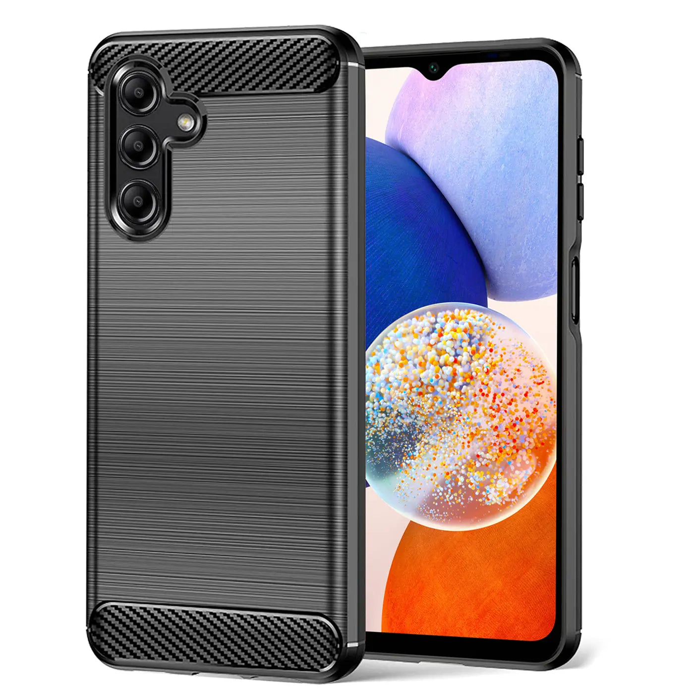 Graue Carbon-Hülle mit gebürsteter Textur, seitliche Ansicht, zeigt Samsung Galaxy A14.