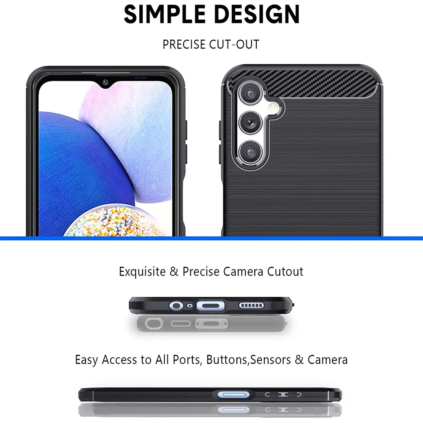 Schwarze Carbon-Hülle für Samsung Galaxy A14 5G, Rückseite und Unterseite gezeigt.