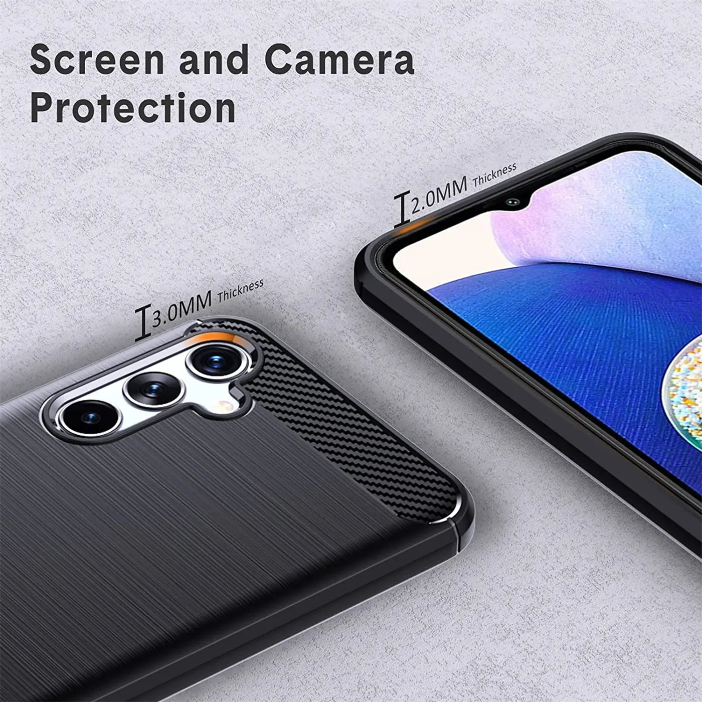 Schwarze Carbon-Hülle für Samsung Galaxy A14, Nahaufnahme, Rückseite und Vorderseite