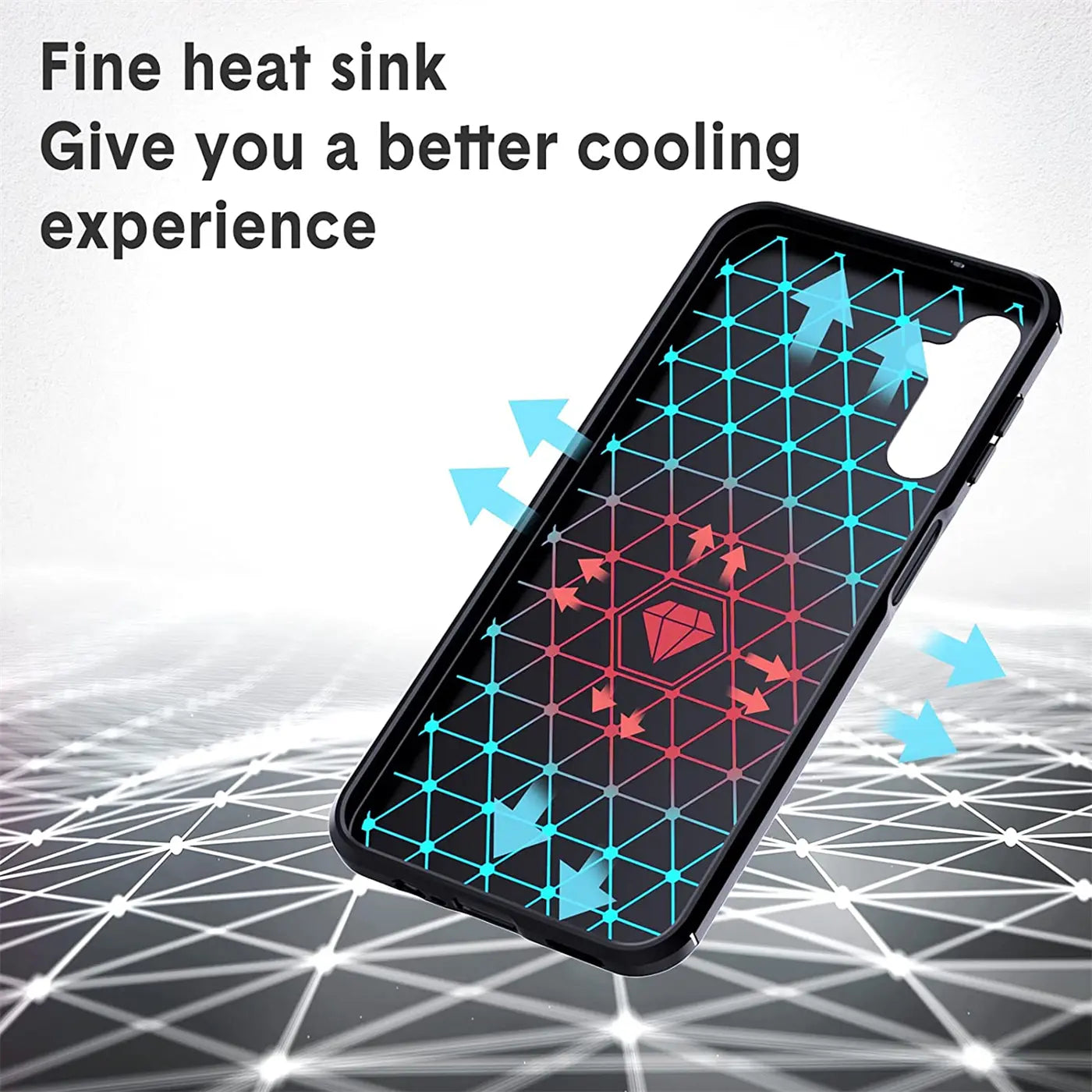 Schwarze Carbon-Hülle, Rückseite mit Kühlmuster, für Samsung Galaxy A14, von schräg oben