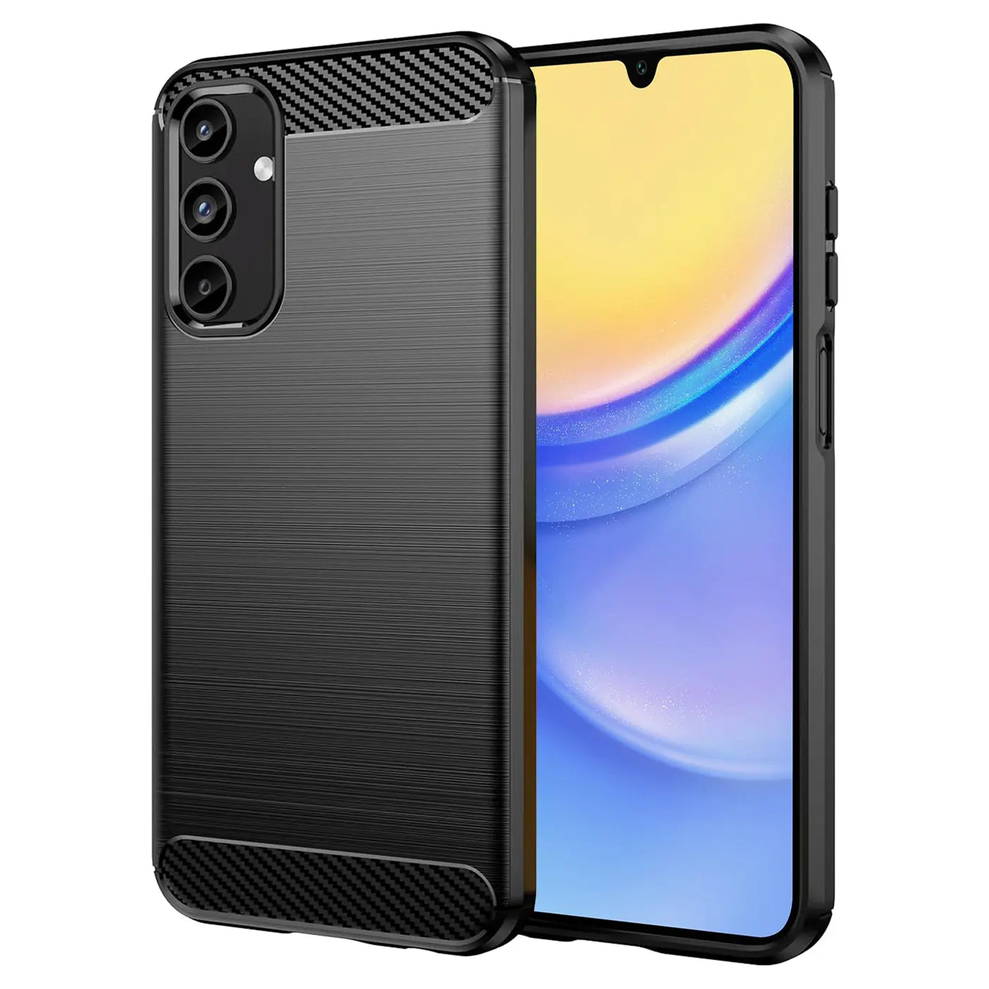 Schwarze Carbon-Hülle mit gebürstetem Finish, seitliche Ansicht, zeigt Samsung Galaxy A15.