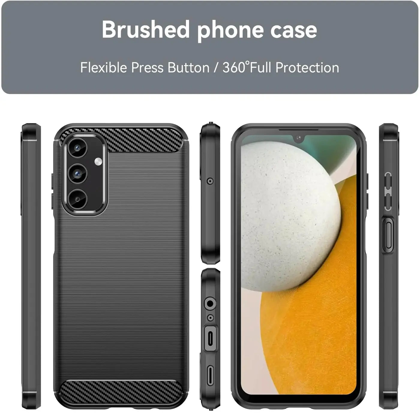 Schwarze Carbon-Hülle, verschiedene Ansichten, Samsung Galaxy A15 4G/5G erkennbar.