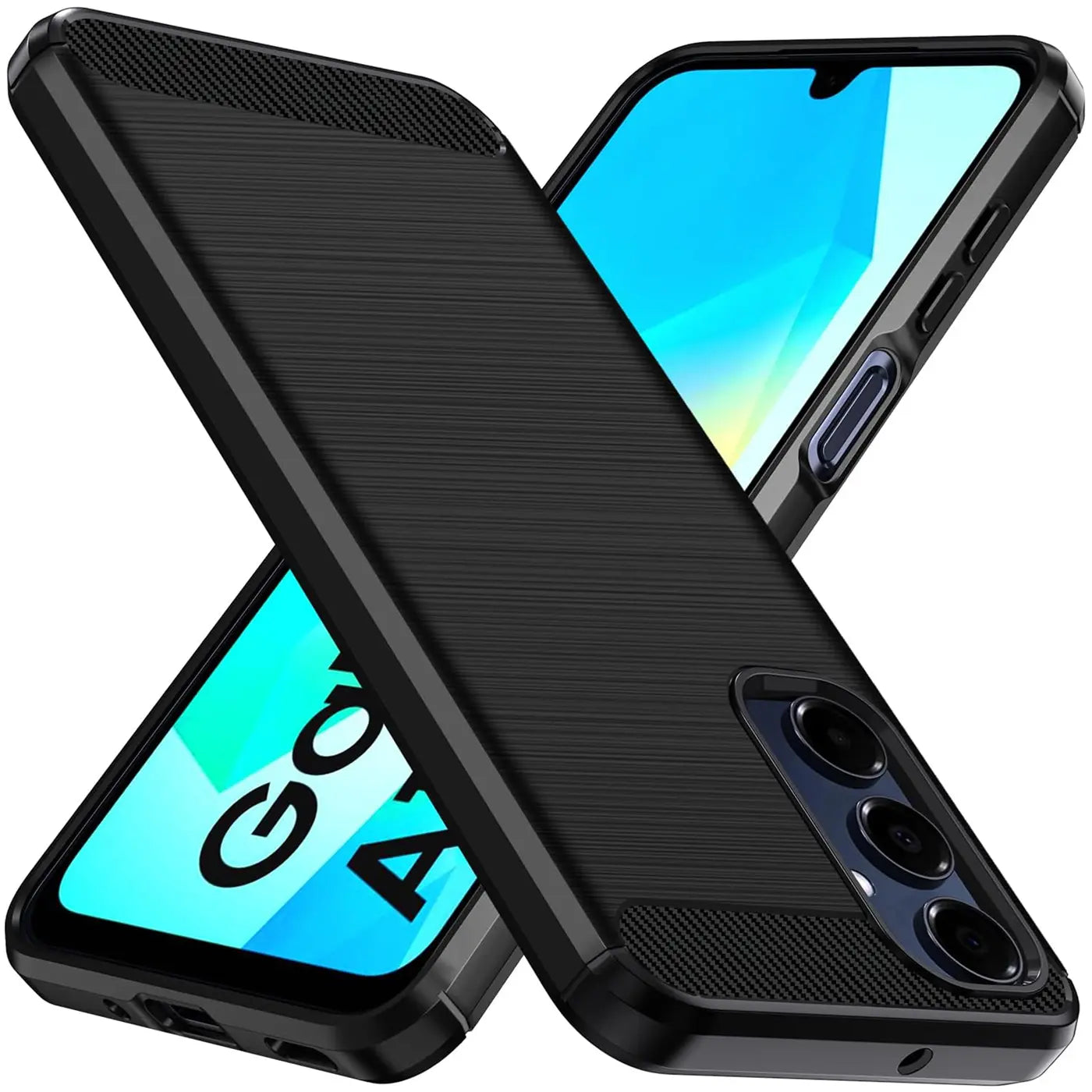 Schwarze Carbon-Hülle, schräg von vorne, mit Samsung Galaxy A16 5G.