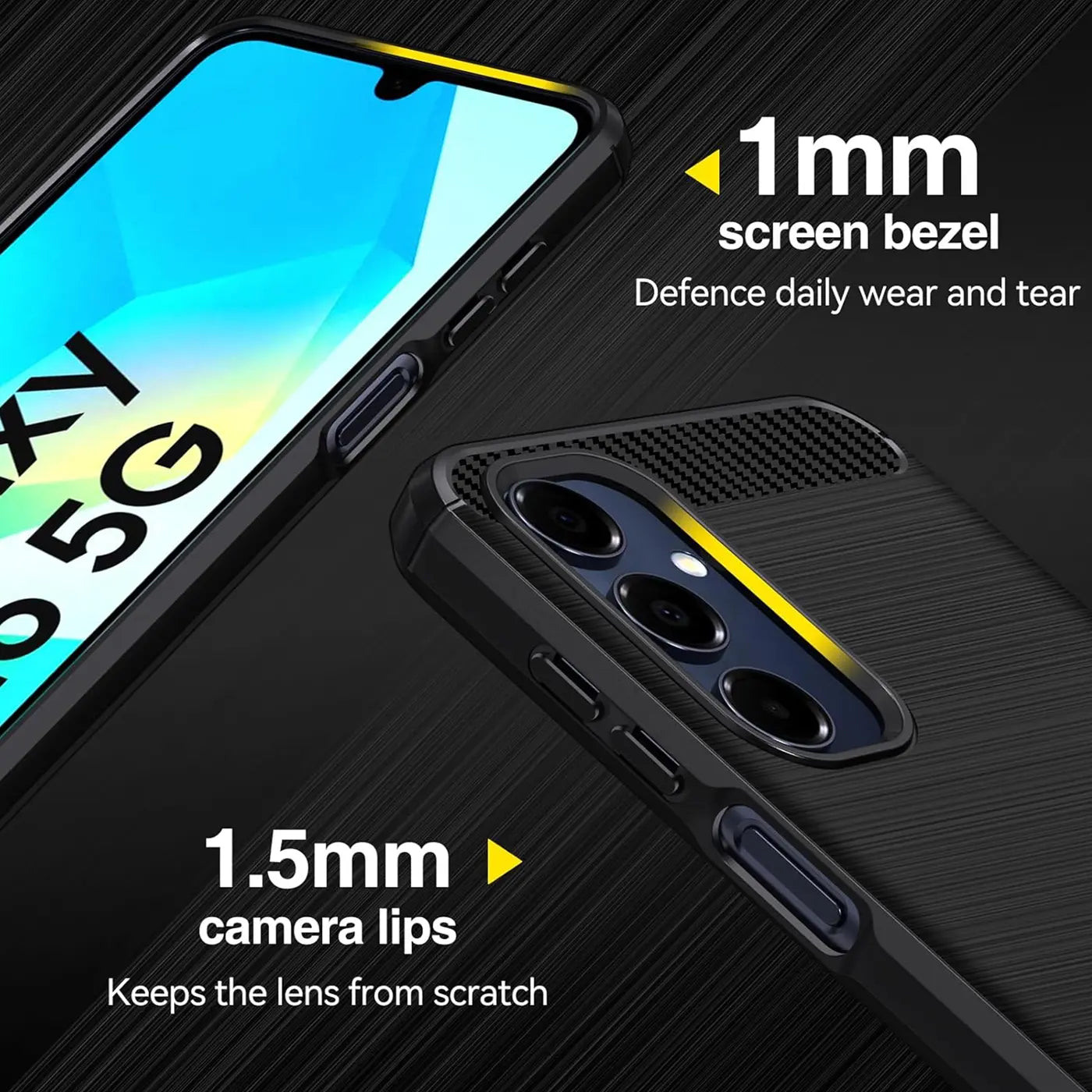 Schwarze Carbon-Hülle für Samsung Galaxy A16 5G, Nahaufnahme, Rückseite und Vorderseite