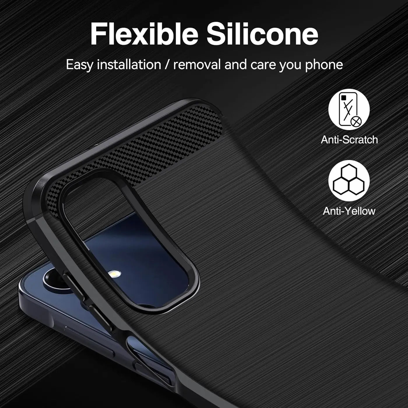 Schwarze Carbon-Hülle, Nahaufnahme, zeigt Ausschnitt für Kamera eines Smartphones.