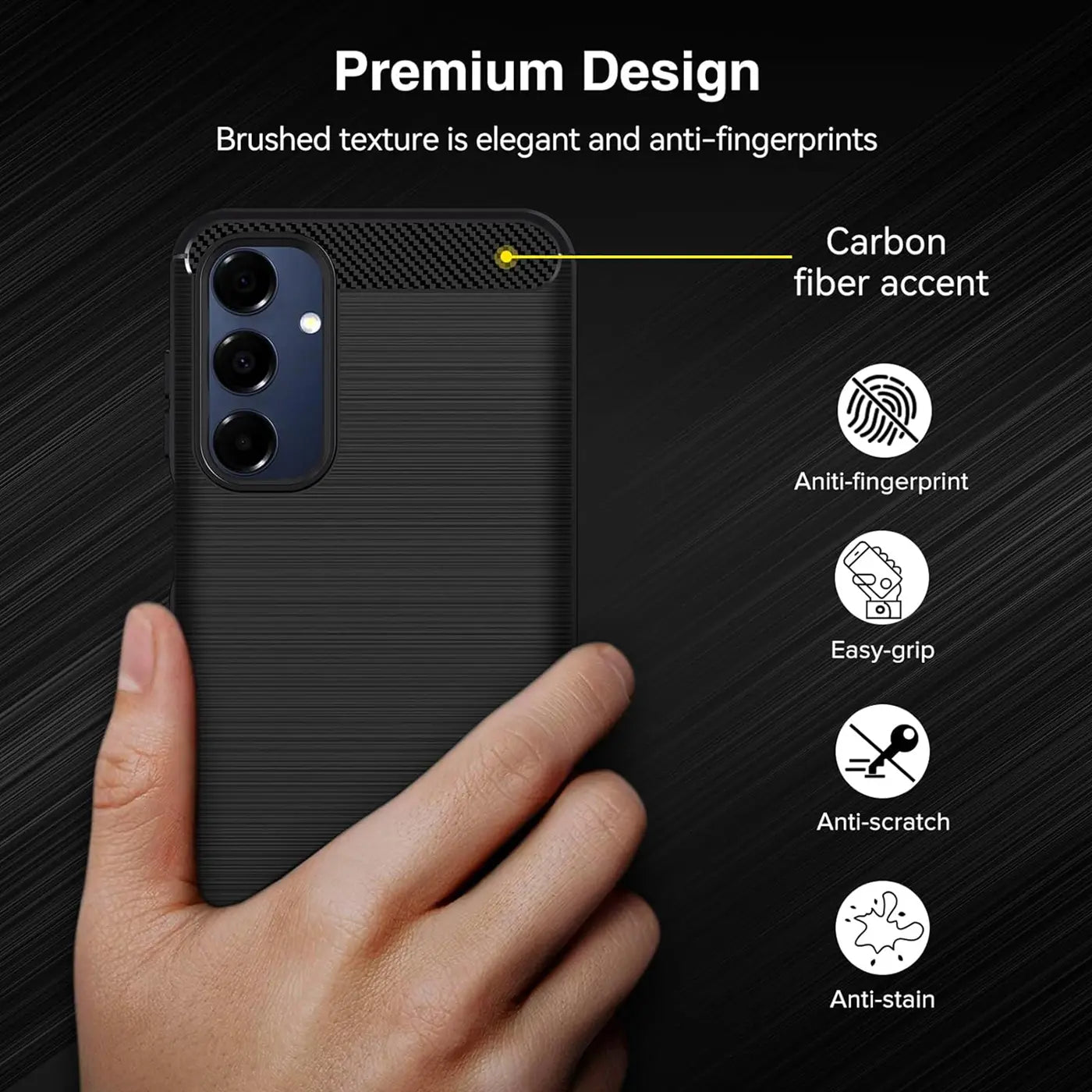 Schwarze Carbon-Hülle mit gebürsteter Textur, die ein Samsung Galaxy A16 5G schützt.