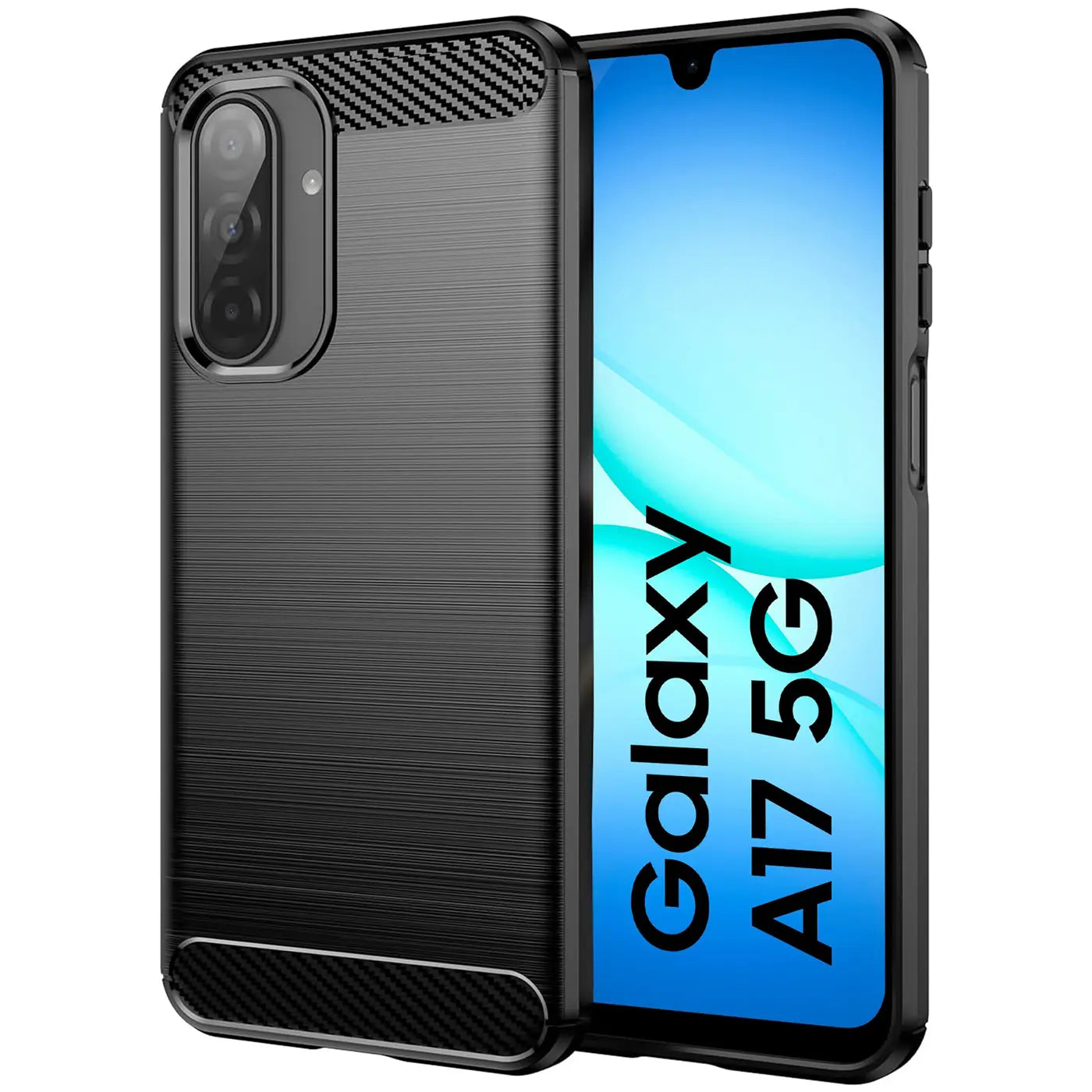 Schwarze Carbon-Hülle mit gebürsteter Oberfläche, zeigt Samsung Galaxy A17 5G.