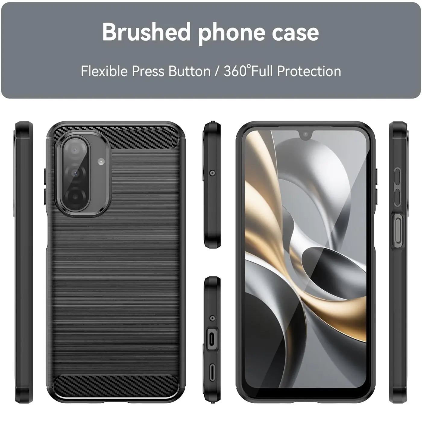 Schwarze Carbon-Hülle, von vorne, Seite, Rückseite und mit Display eines Samsung Galaxy A17 5G.