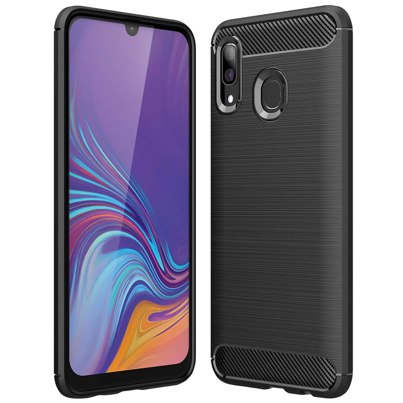 Schwarze Carbon-Hülle für Samsung Galaxy A20e, von hinten und Seite gezeigt