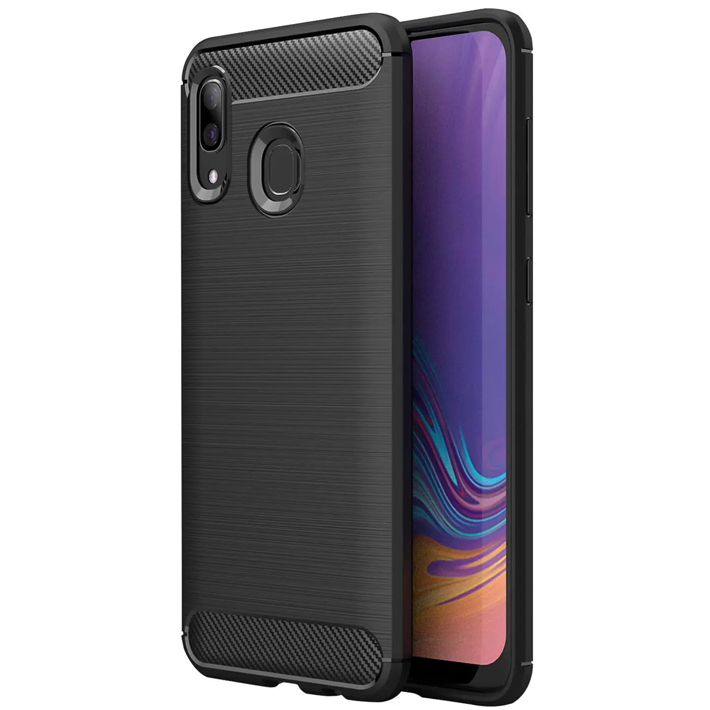 Schwarze Carbon-Hülle mit gebürsteter Textur für Samsung Galaxy A20e, Seitenansicht.