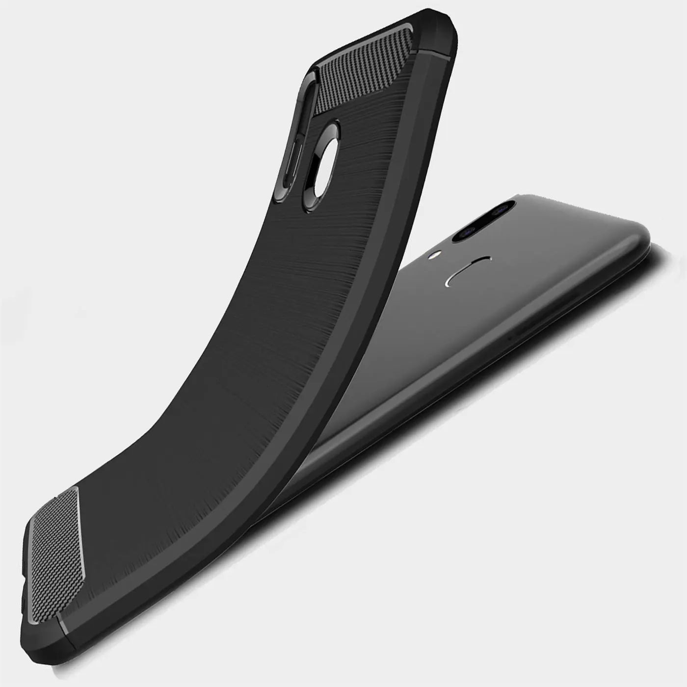 Schwarze Carbon-Hülle, von oben, mit Samsung Galaxy A20e.