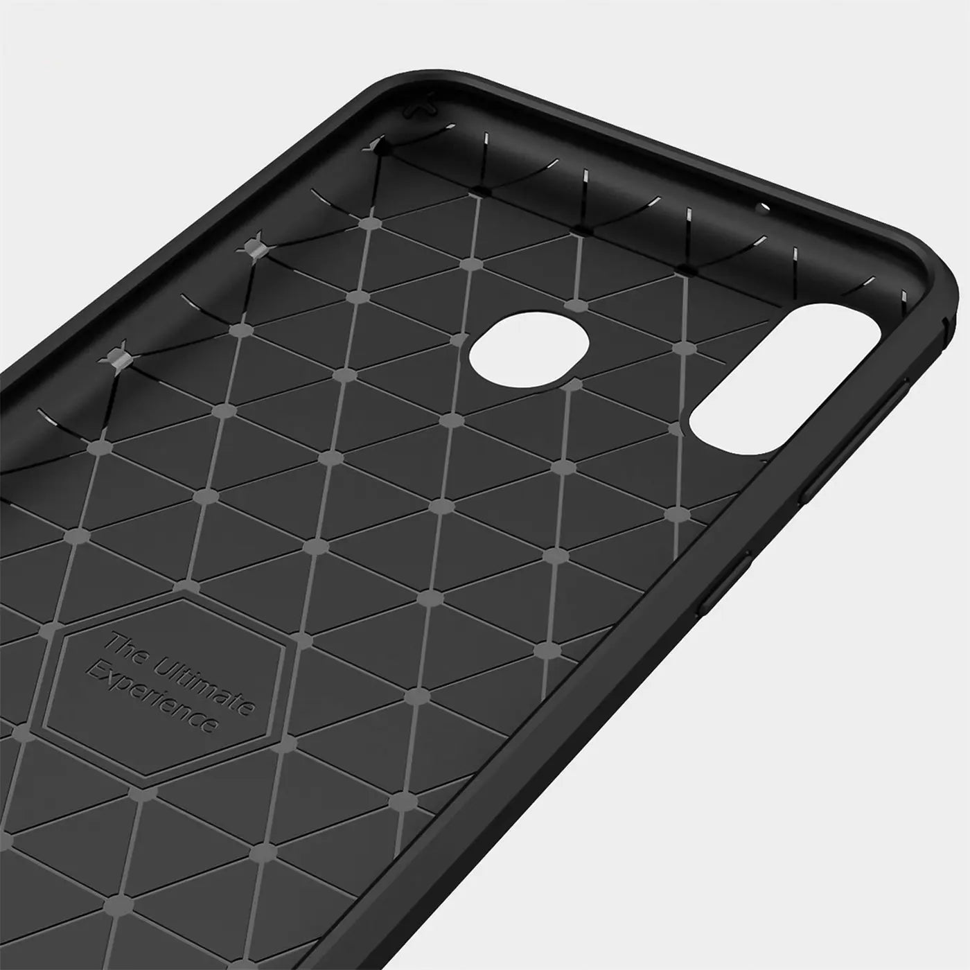 Schwarze Carbon-Hülle, Innenansicht, Ausschnitt für Kamera und Fingerabdrucksensor, Samsung Galaxy A20e.