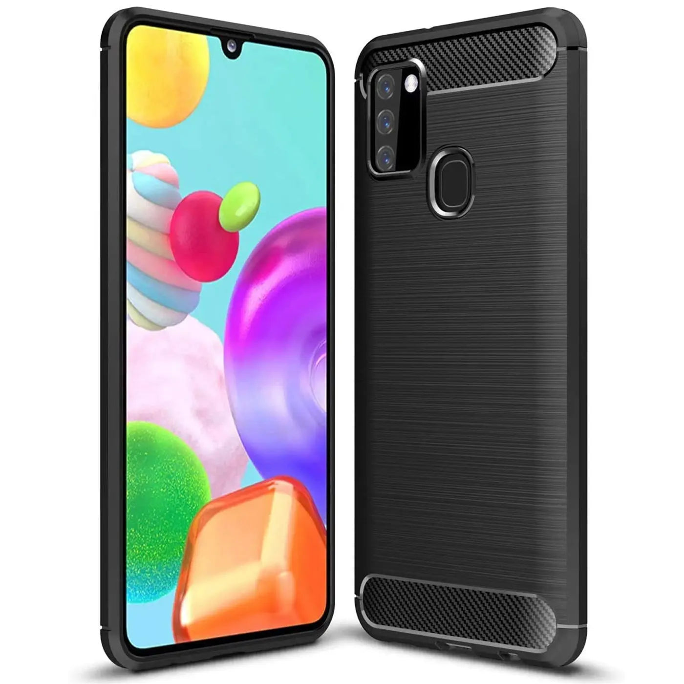 Schwarze Carbon-Hülle für Samsung Galaxy A21s, von vorne und hinten gezeigt.