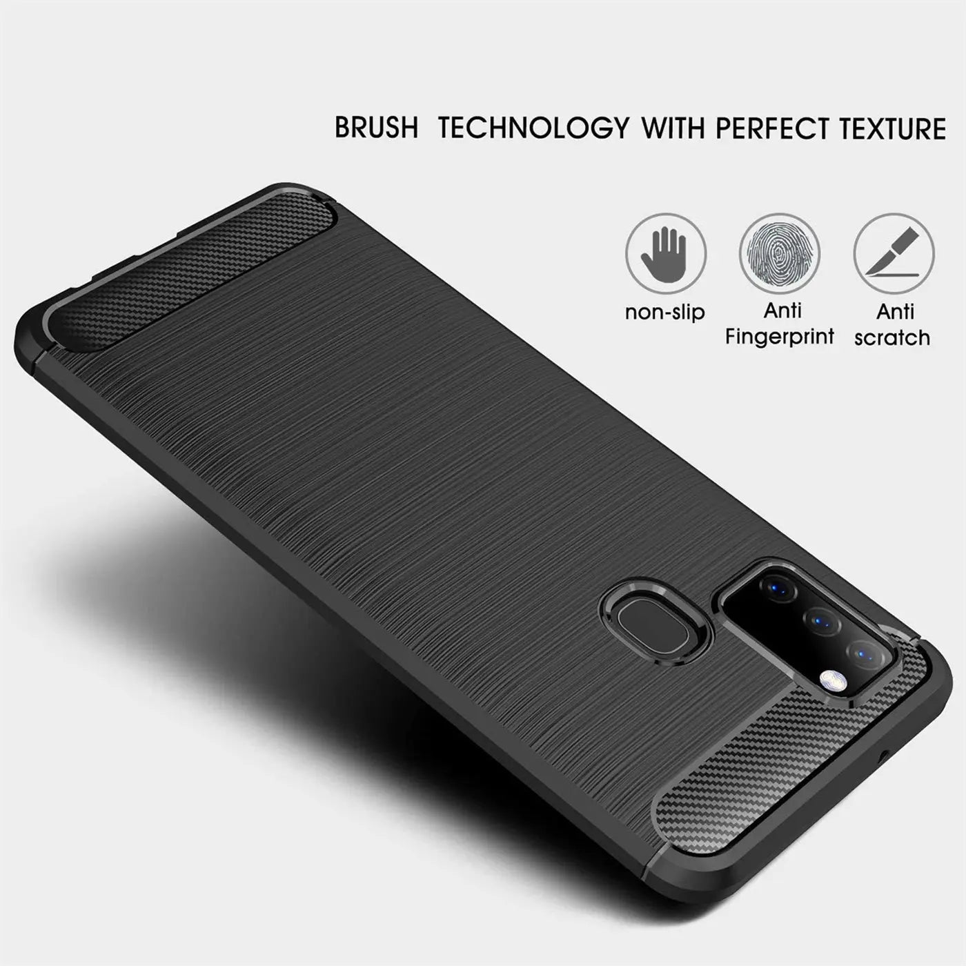 Schwarze Carbon-Hülle für Samsung Galaxy A21s, von schräg oben fotografiert.