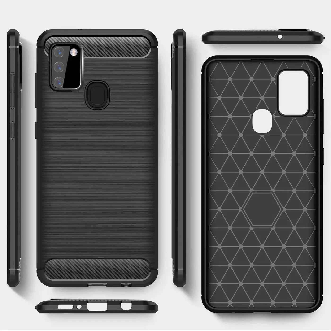 Schwarze Carbon-Hülle für Samsung Galaxy A21s, von vorne, Seite, Rückseite und unten gezeigt.