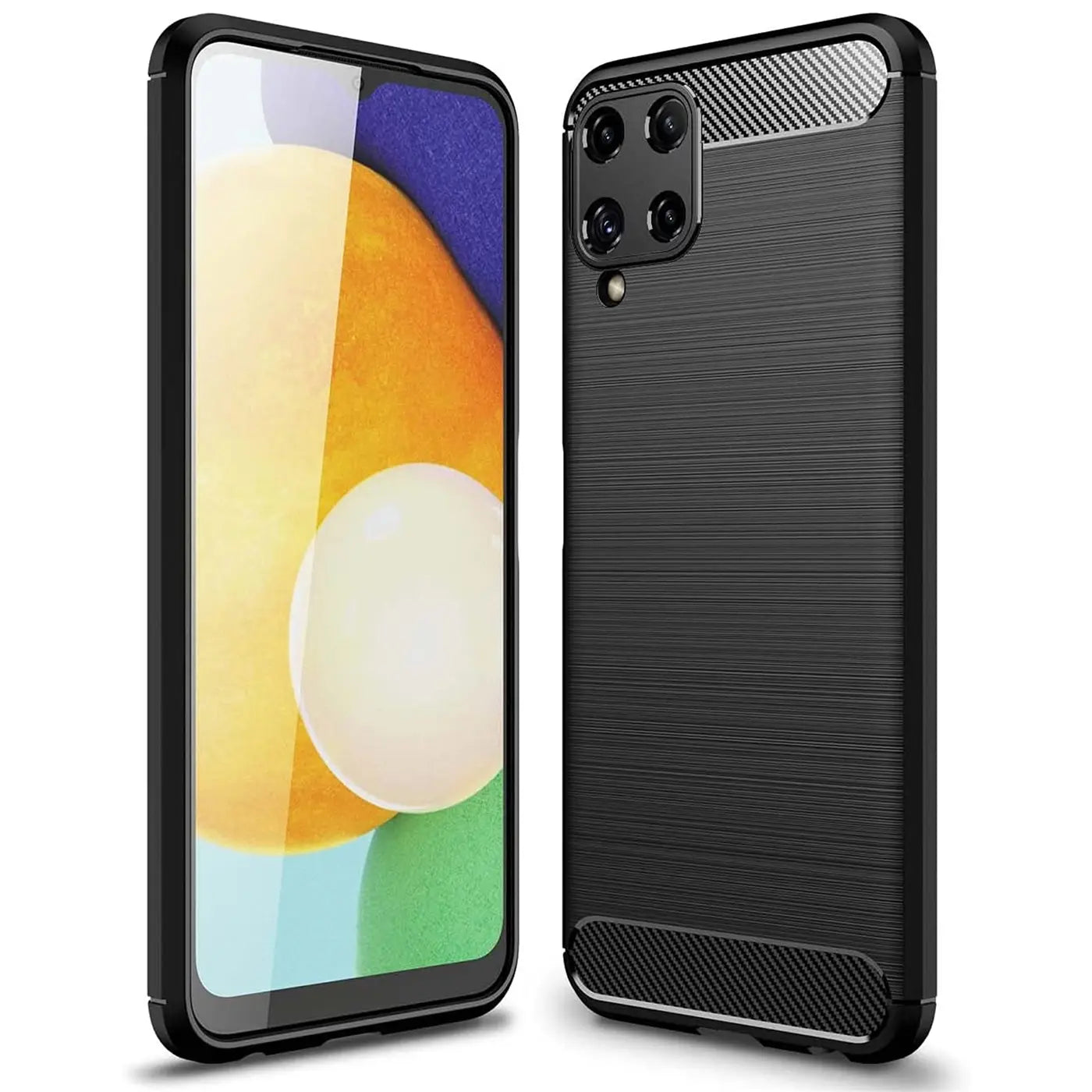 Schwarze Carbon-Hülle, Rückansicht, auf einem Samsung Galaxy A22 4G / M32 / M22.