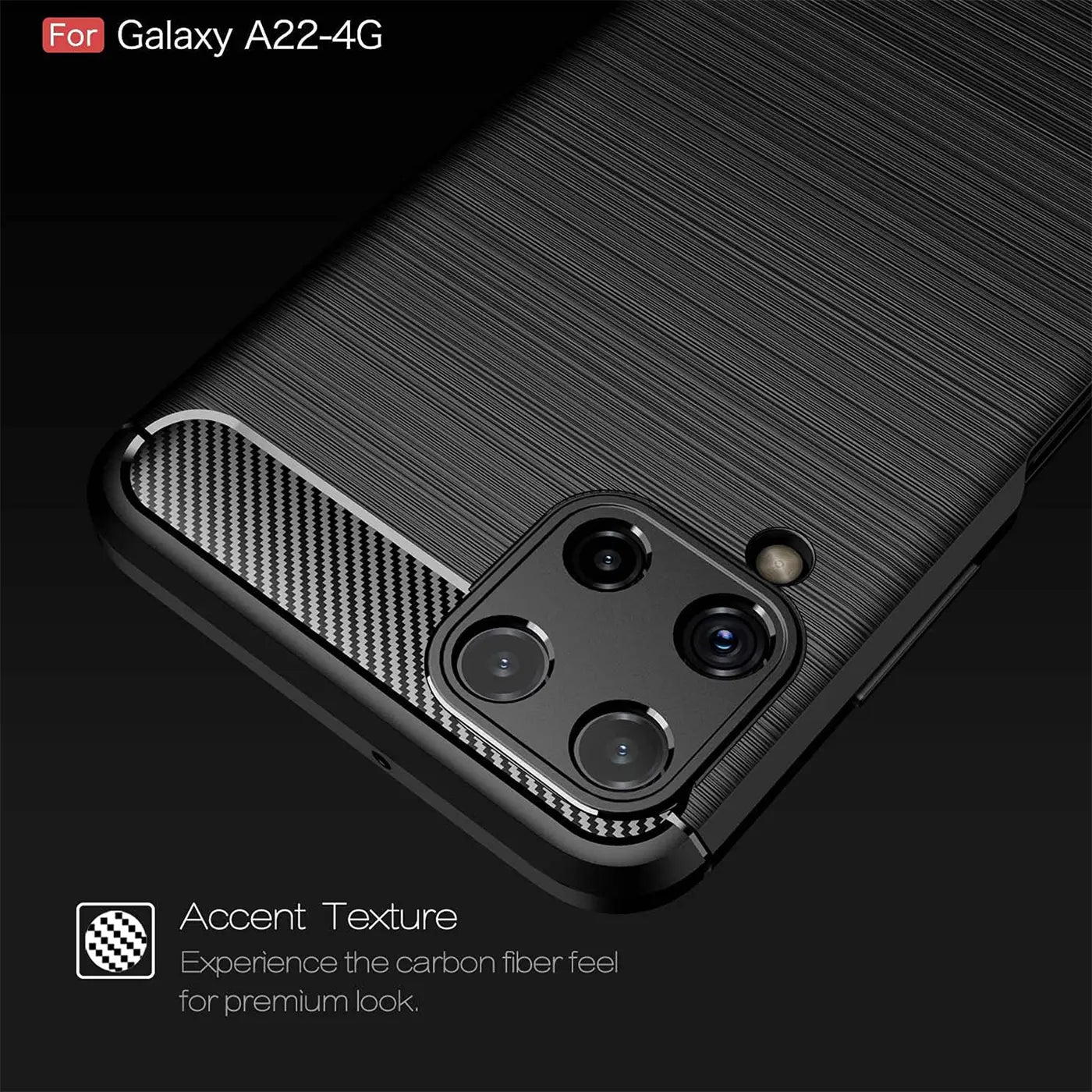 Schwarze Carbon-Hülle mit gebürsteter Textur für Samsung Galaxy A22 4G, Nahaufnahme.
