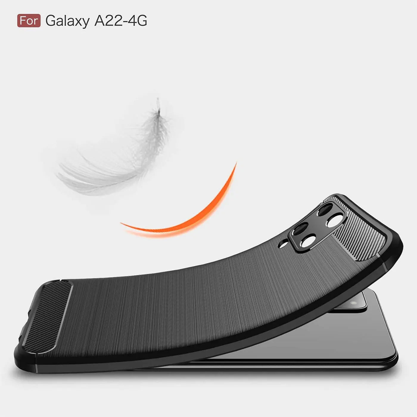 Schwarze Carbon-Hülle für Samsung Galaxy A22 4G, von unten gesehen, mit gebürsteter Textur.