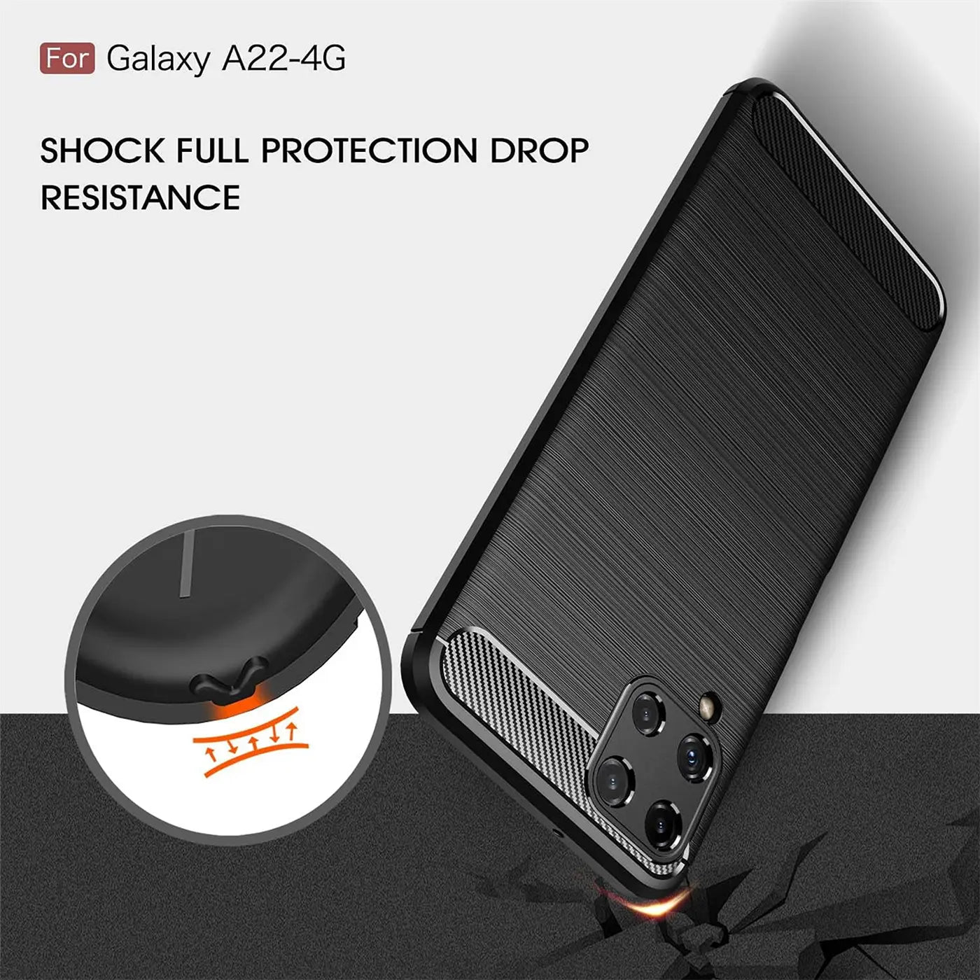 Schwarze Carbon-Hülle für Samsung Galaxy A22 4G, von schräg oben, stoßfest.