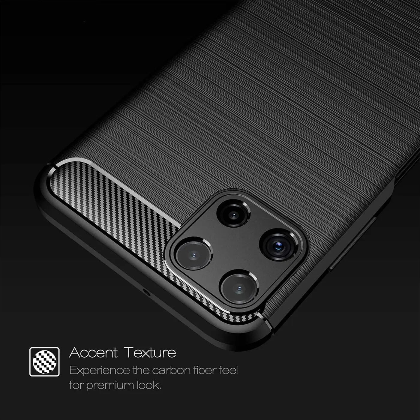 Schwarze Carbon-Hülle mit gebürsteter Textur, Rückansicht, Samsung Galaxy A22 5G.