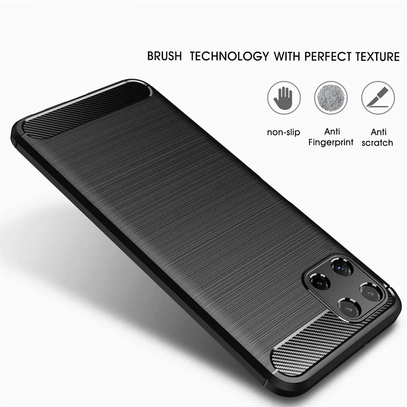 Schwarze Carbon-Hülle für Samsung Galaxy A22 5G, von oben links, stoßfest.
