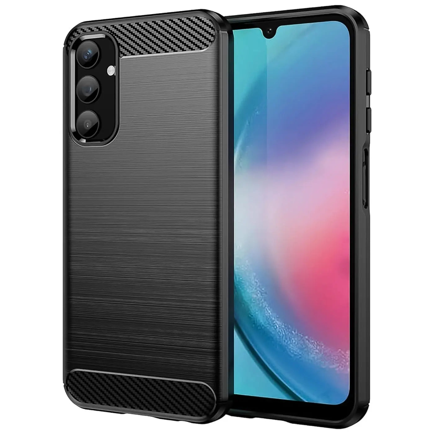 Schwarze Carbon-Hülle mit gebürsteter Textur, seitliche Ansicht, zeigt Samsung Galaxy A25 5G.