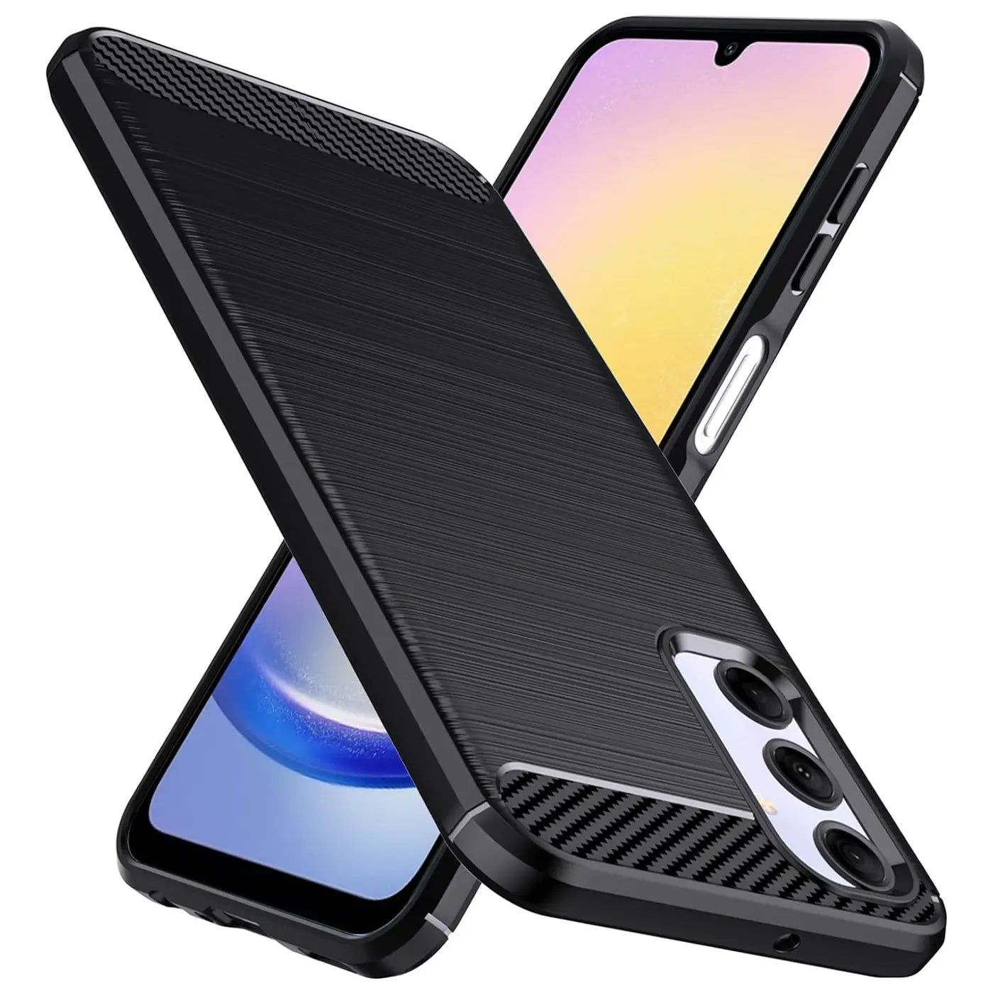 Schwarze Carbon-Hülle mit gebürsteter Textur, schräg von vorne, zeigt Samsung Galaxy A25 5G