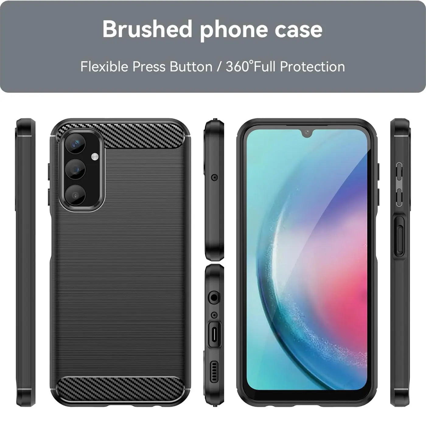 Schwarze Carbon-Hülle, verschiedene Ansichten, Samsung Galaxy A25 5G.