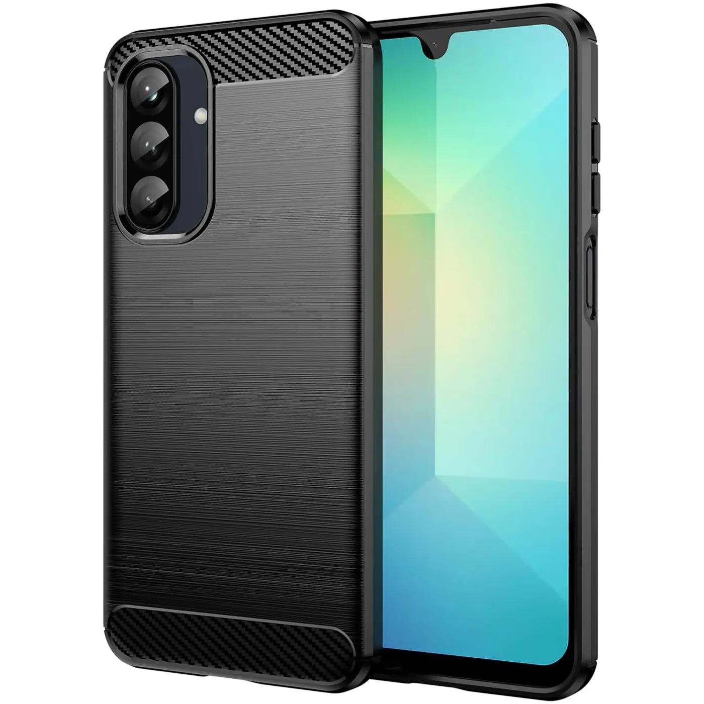 Schwarze Carbon-Hülle mit gebürsteter Textur, von vorne links, zeigt Samsung Galaxy A26 5G.