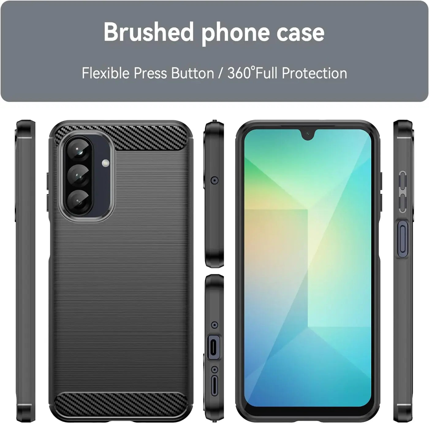 Dunkelgraue Carbon-Handyhülle, verschiedene Ansichten, zeigt Samsung Galaxy A26 5G.