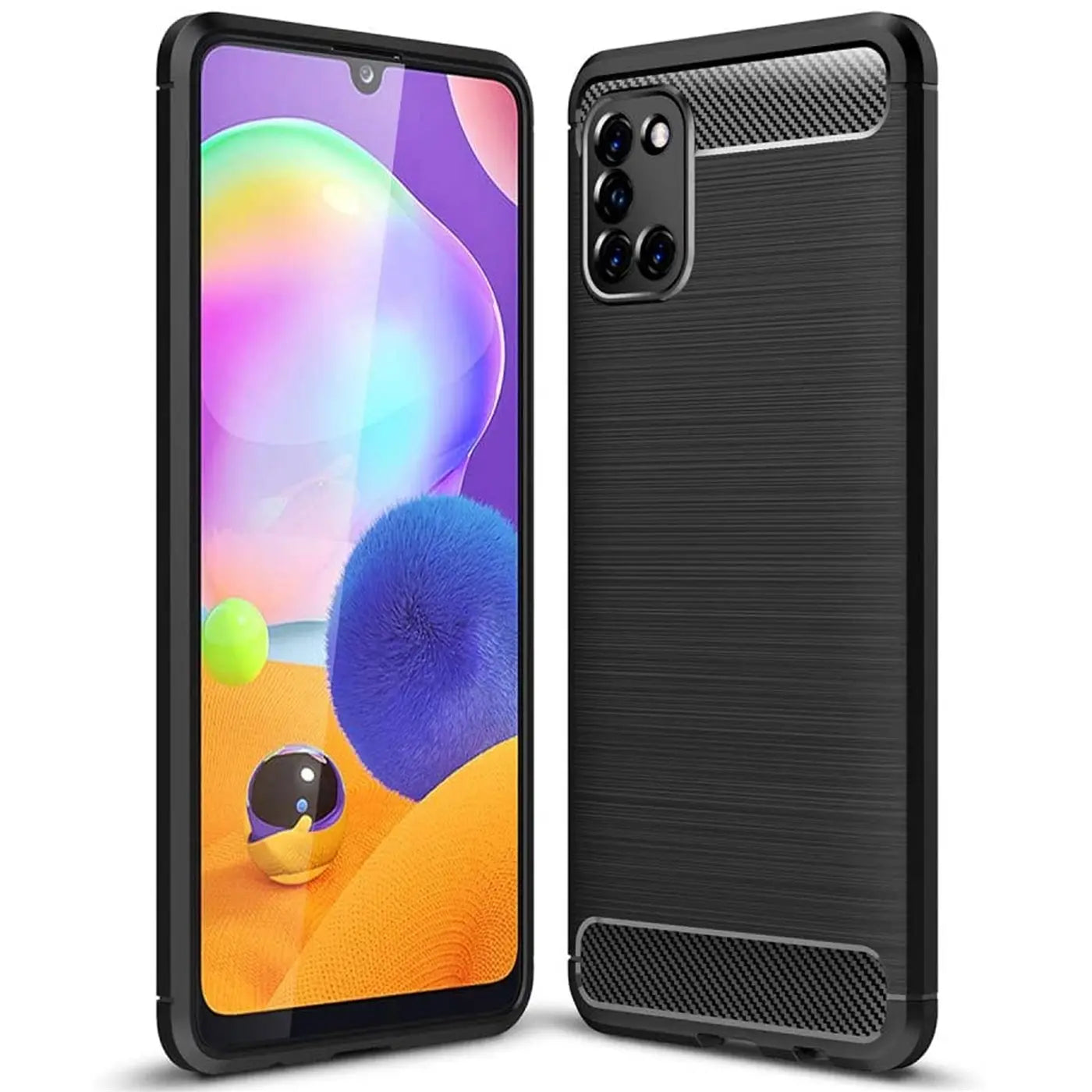 Samsung Galaxy A31 Hülle, schwarz, Carbon-Optik, von vorne und hinten gezeigt